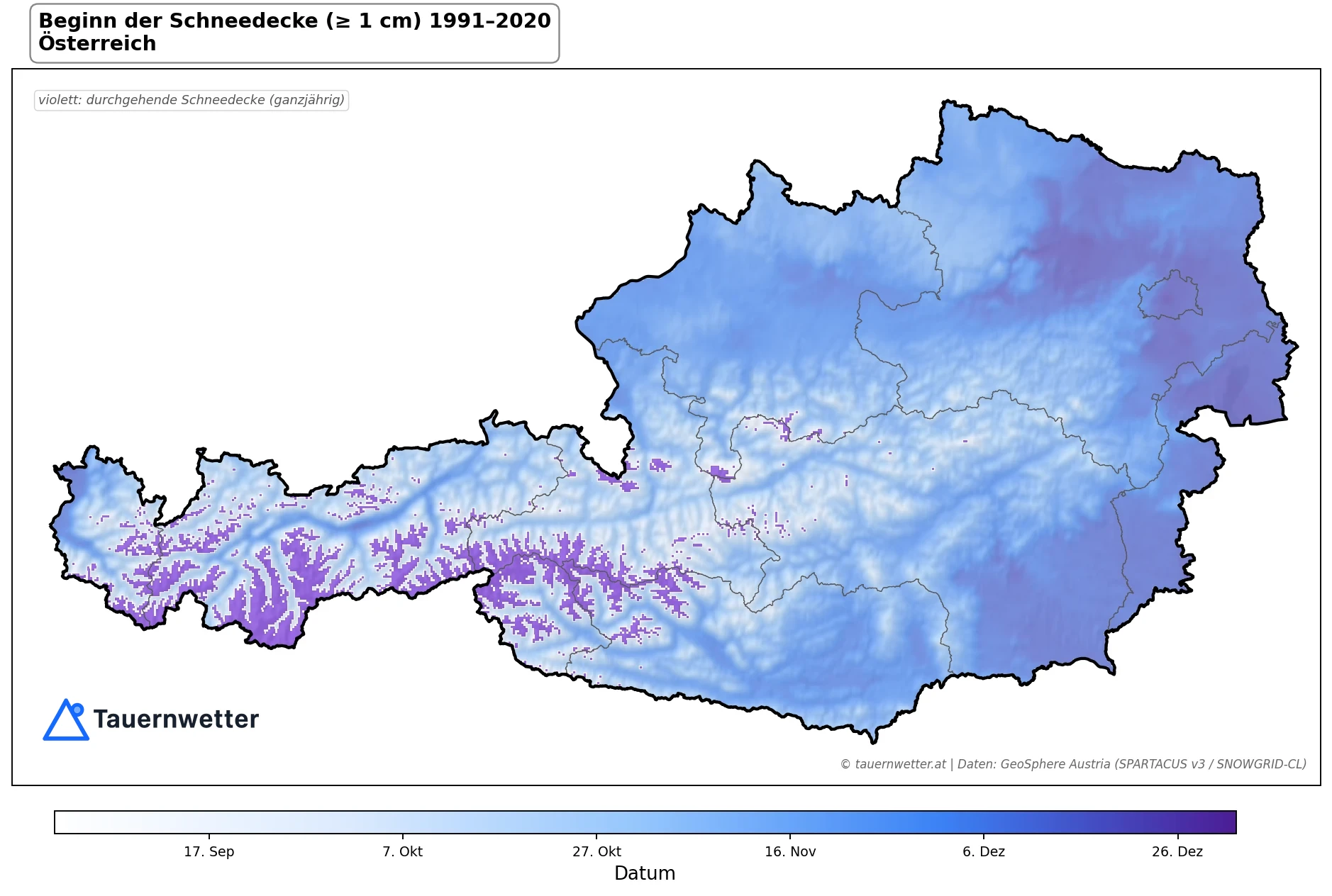 Klimakarte Beginn der Schneedecke (≥ 1 cm), Jahr 1991–2020 in Österreich