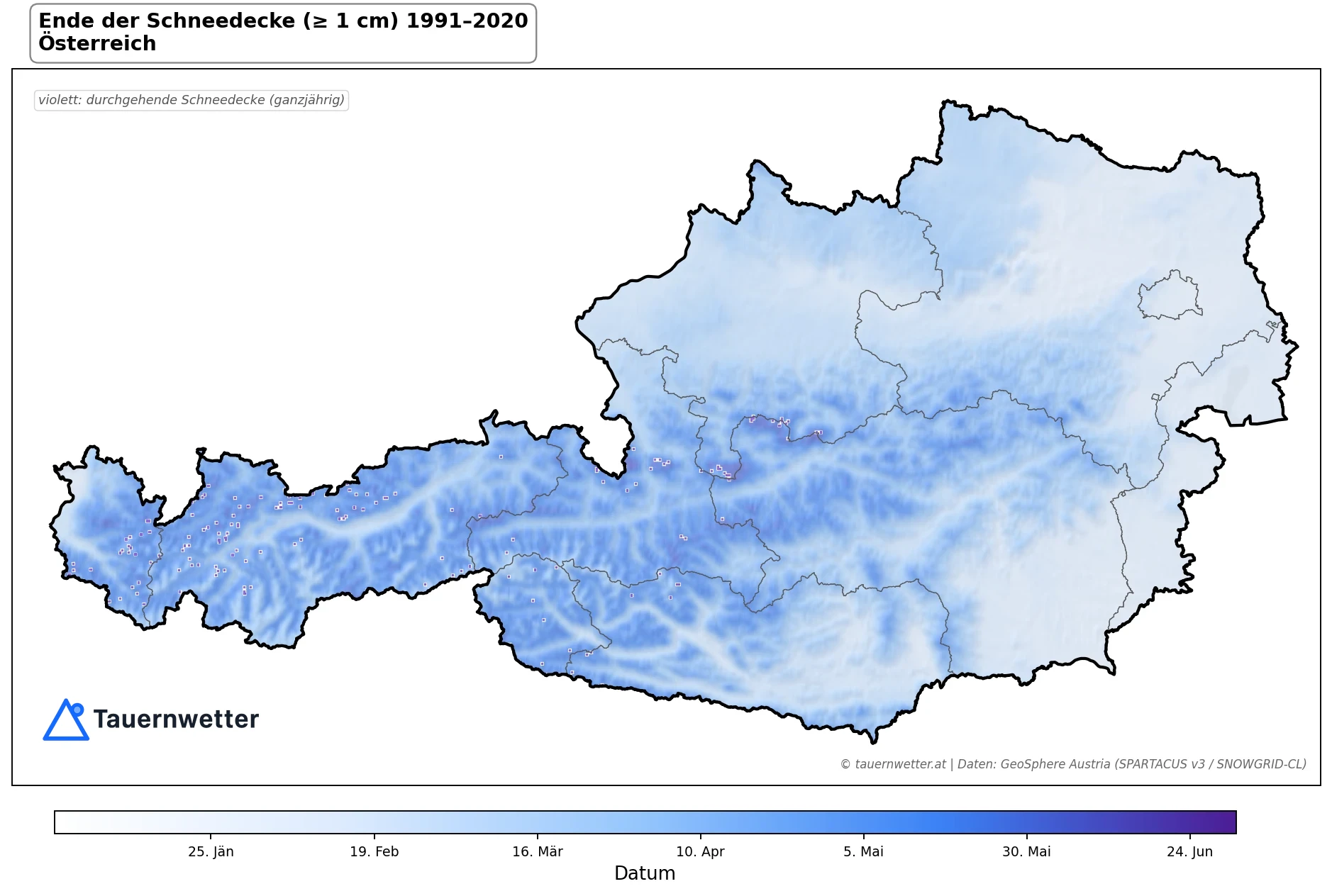 Klimakarte Ende der Schneedecke (≥ 1 cm), Jahr 1991–2020 in Österreich
