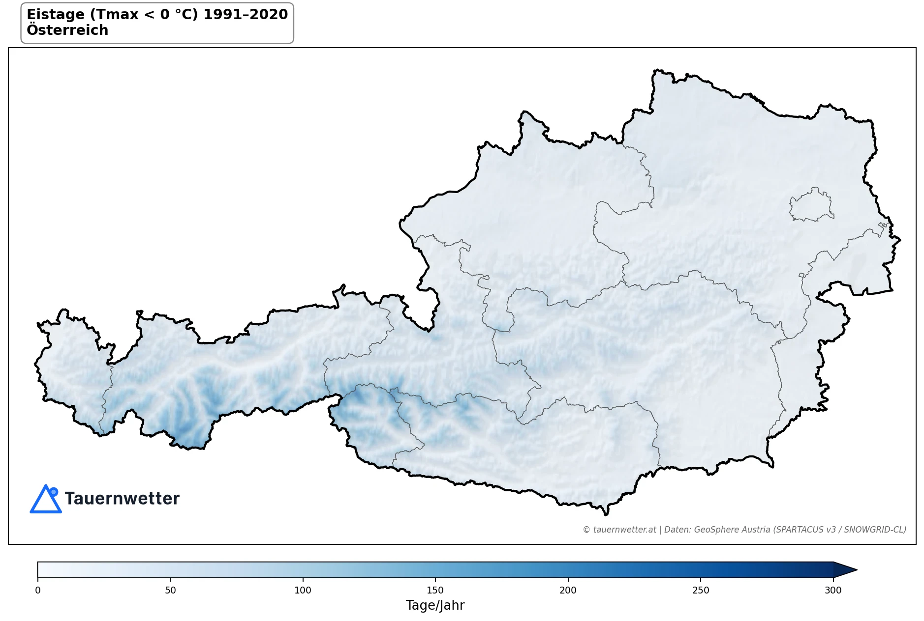 Klimakarte Eistage (Tmax < 0 °C), Jahr 1991–2020 in Österreich
