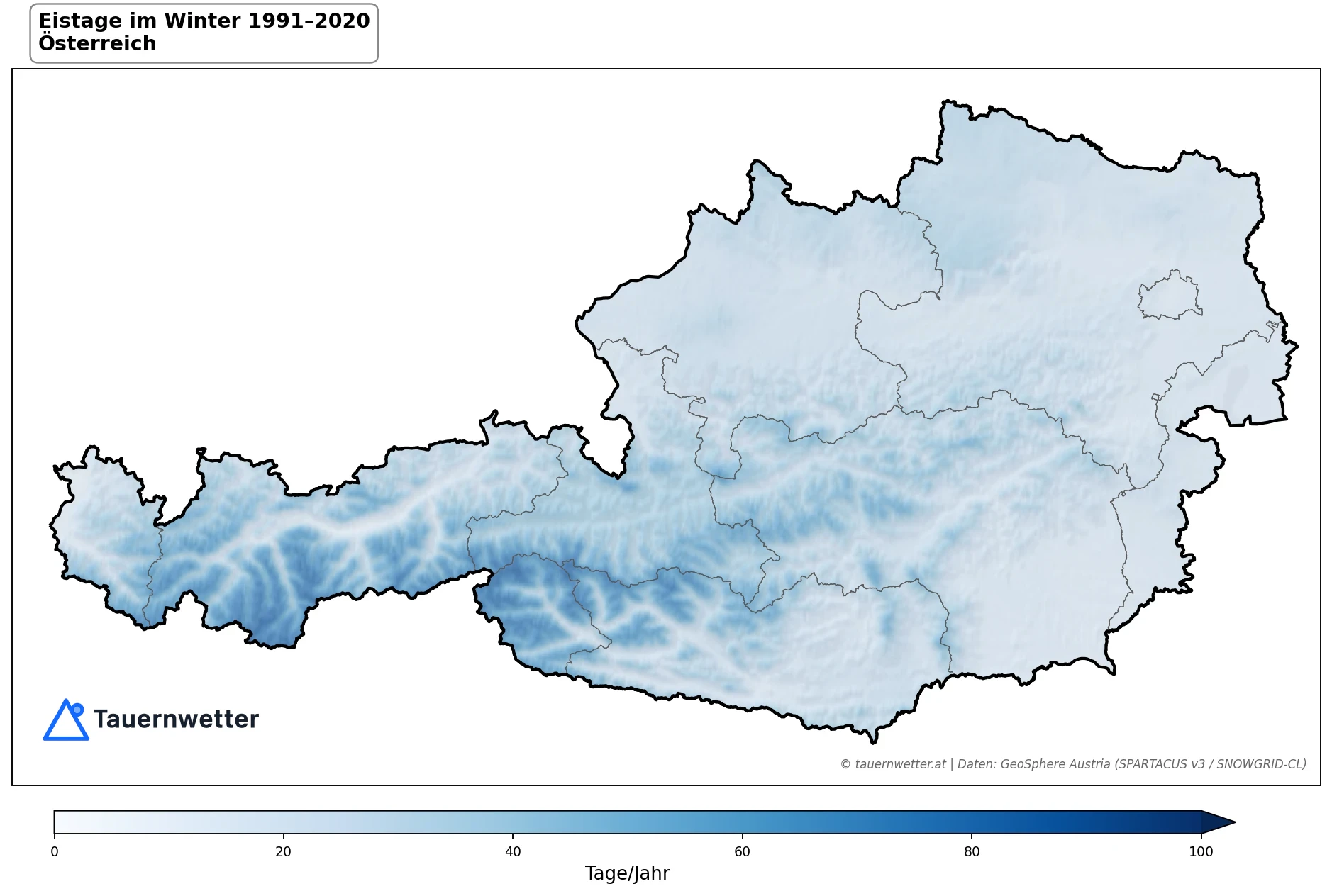 Klimakarte Eistage (Tmax < 0 °C), Winter (DJF) 1991–2020 in Österreich