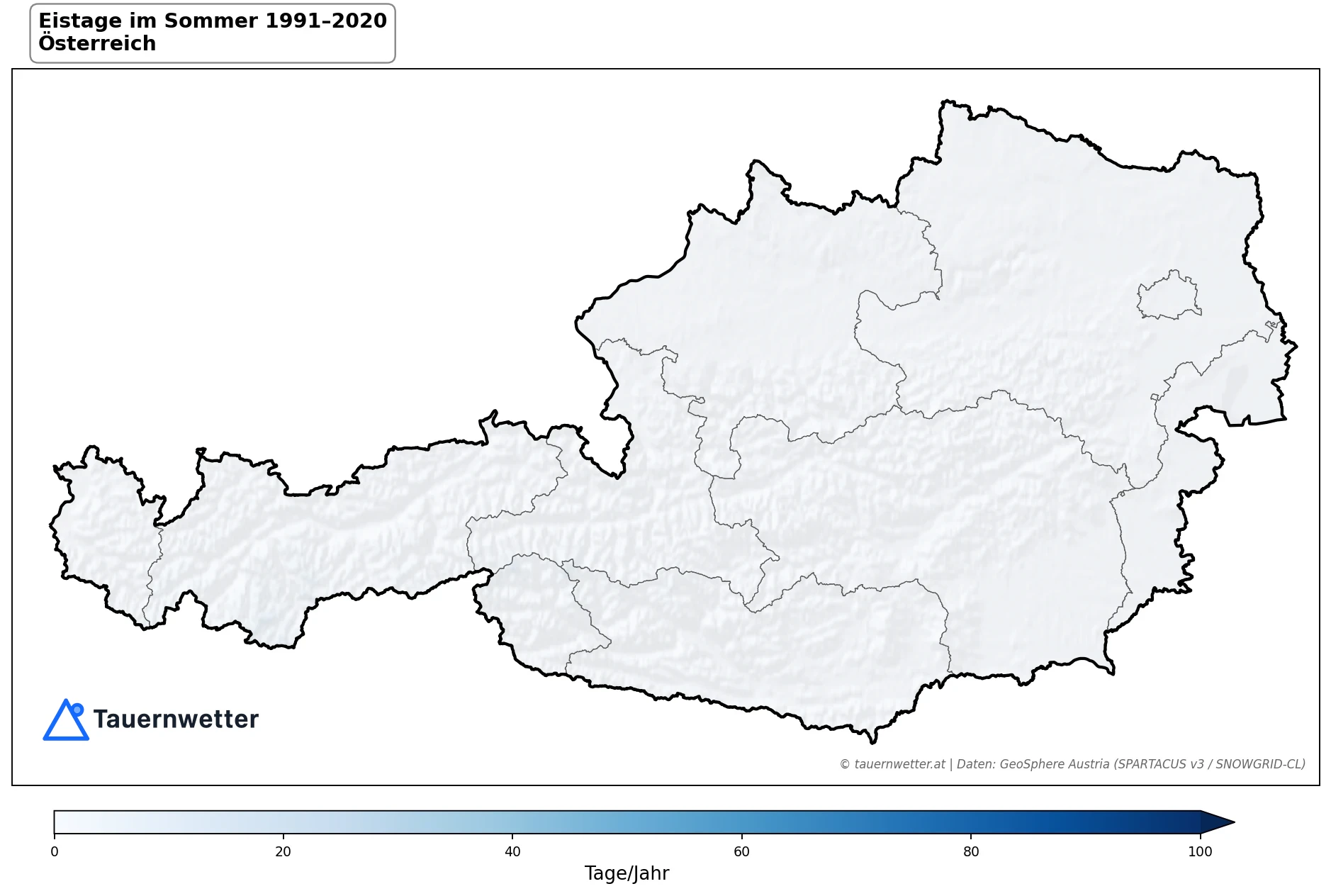 Klimakarte Eistage (Tmax < 0 °C), Sommer (JJA) 1991–2020 in Österreich