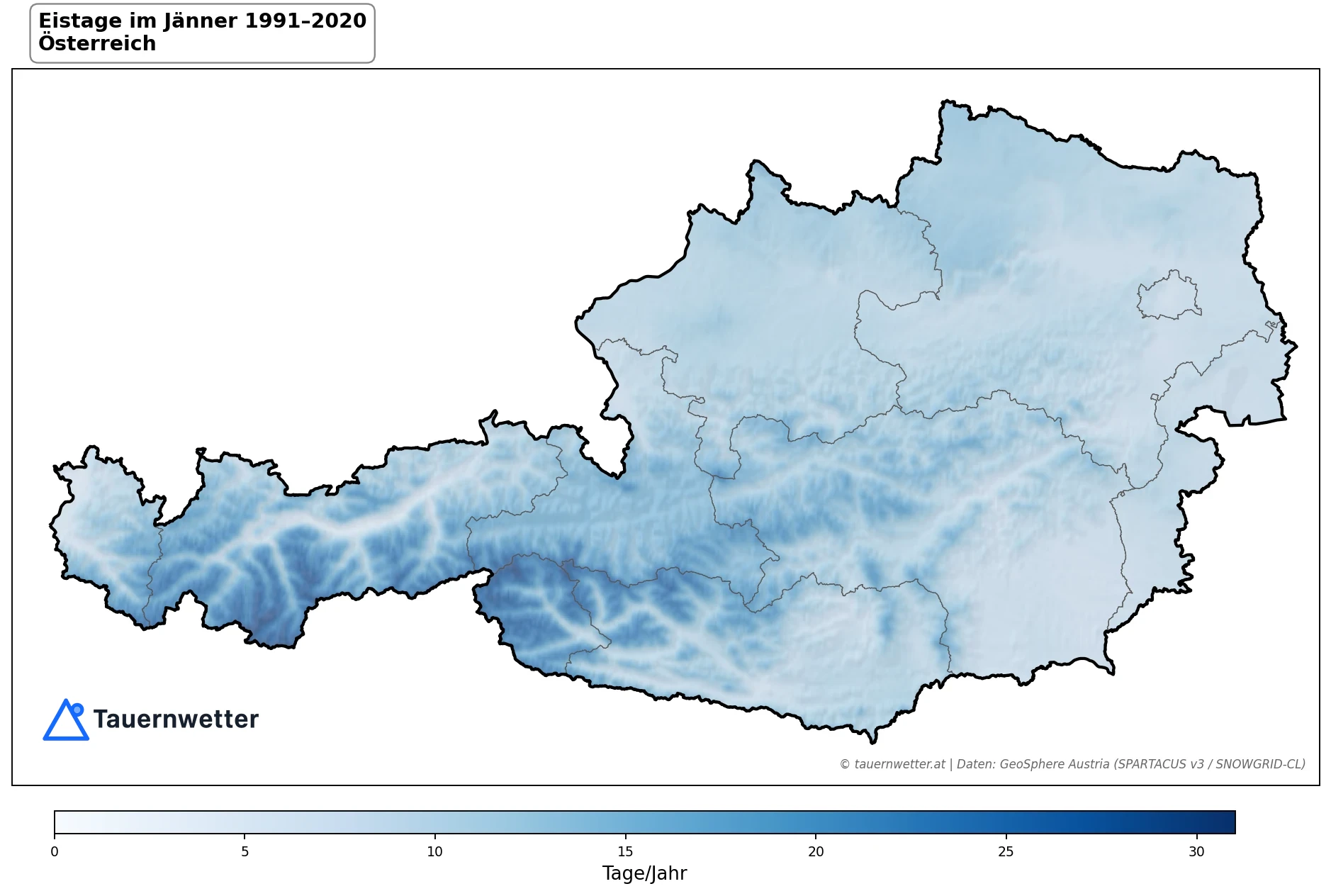Klimakarte Eistage (Tmax < 0 °C), Jänner 1991–2020 in Österreich