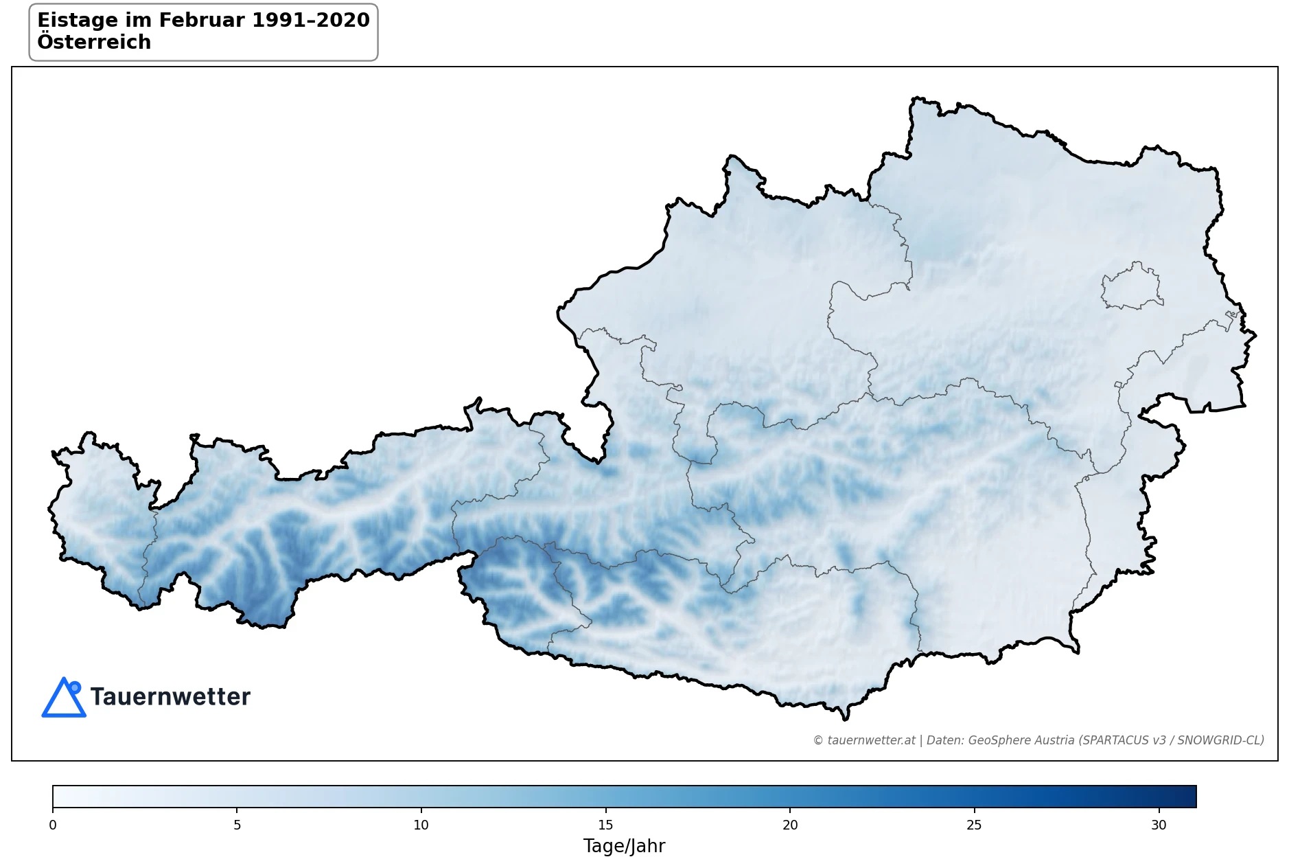 Klimakarte Eistage (Tmax < 0 °C), Februar 1991–2020 in Österreich