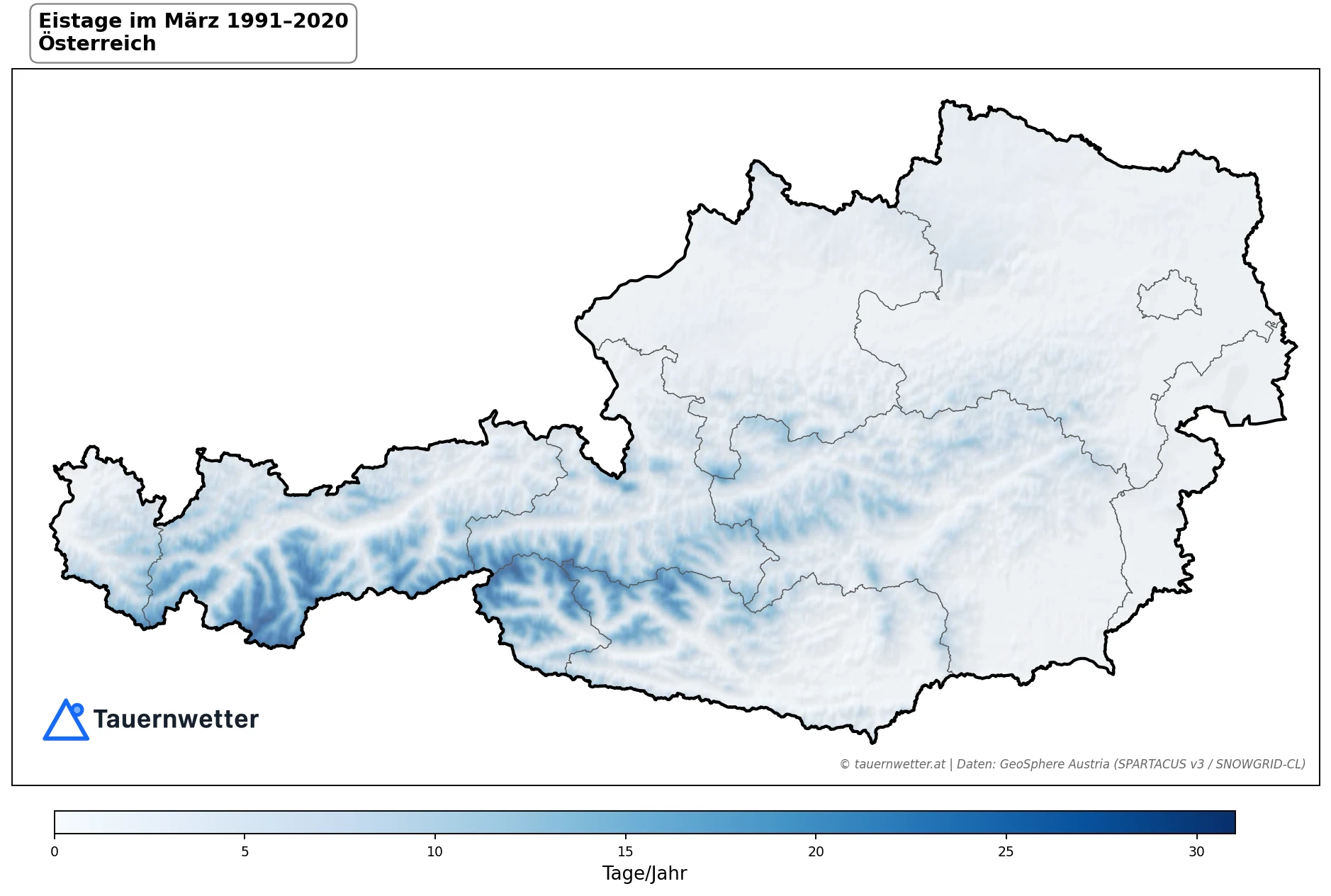 Klimakarte Eistage (Tmax < 0 °C), März 1991–2020 in Österreich