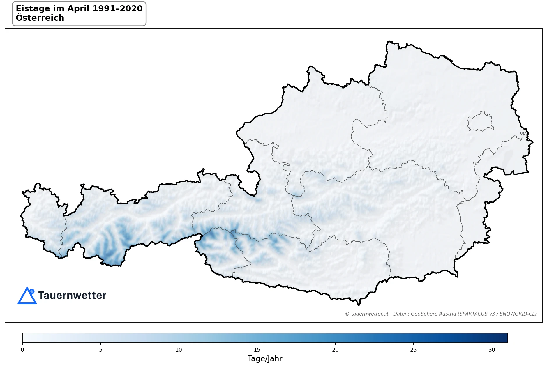 Klimakarte Eistage (Tmax < 0 °C), April 1991–2020 in Österreich