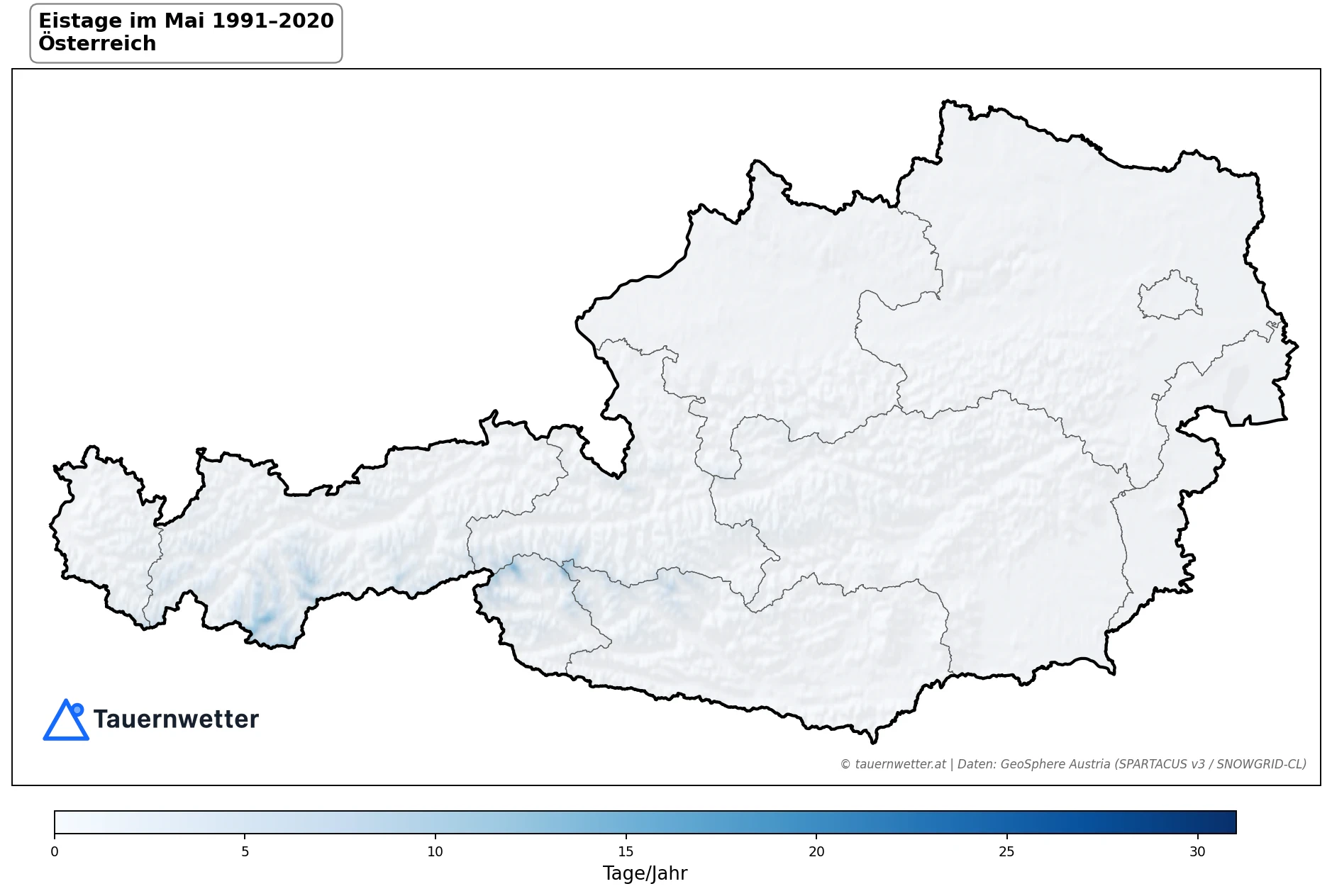 Klimakarte Eistage (Tmax < 0 °C), Mai 1991–2020 in Österreich