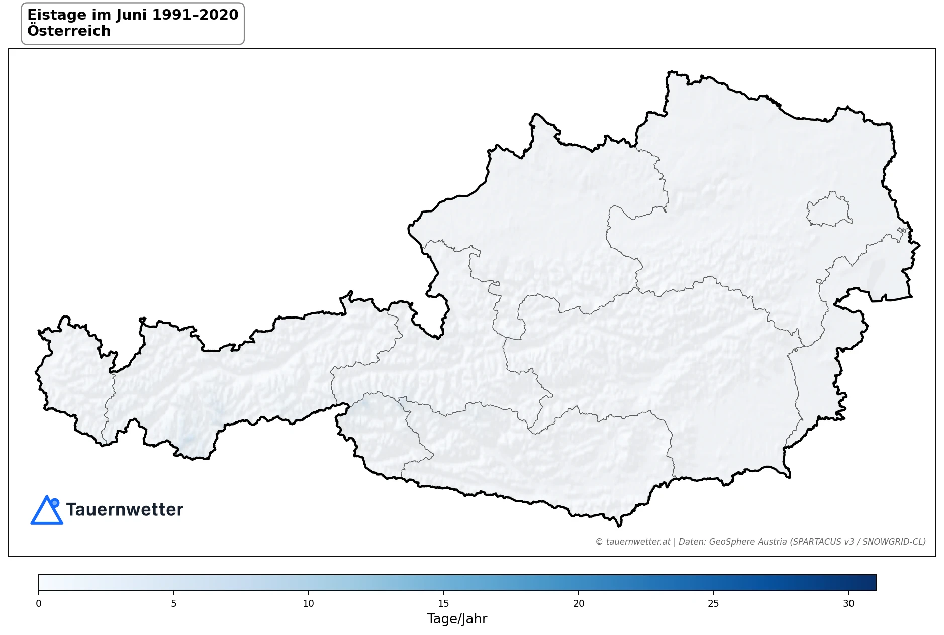 Klimakarte Eistage (Tmax < 0 °C), Juni 1991–2020 in Österreich
