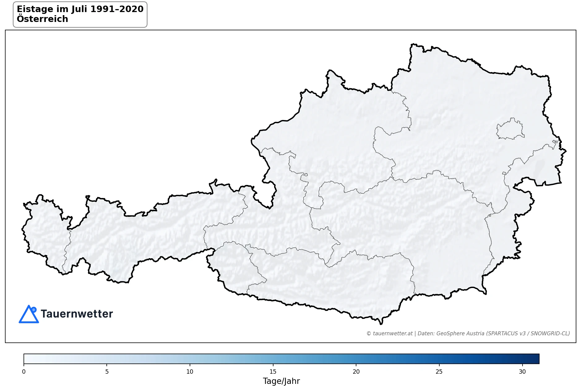 Klimakarte Eistage (Tmax < 0 °C), Juli 1991–2020 in Österreich