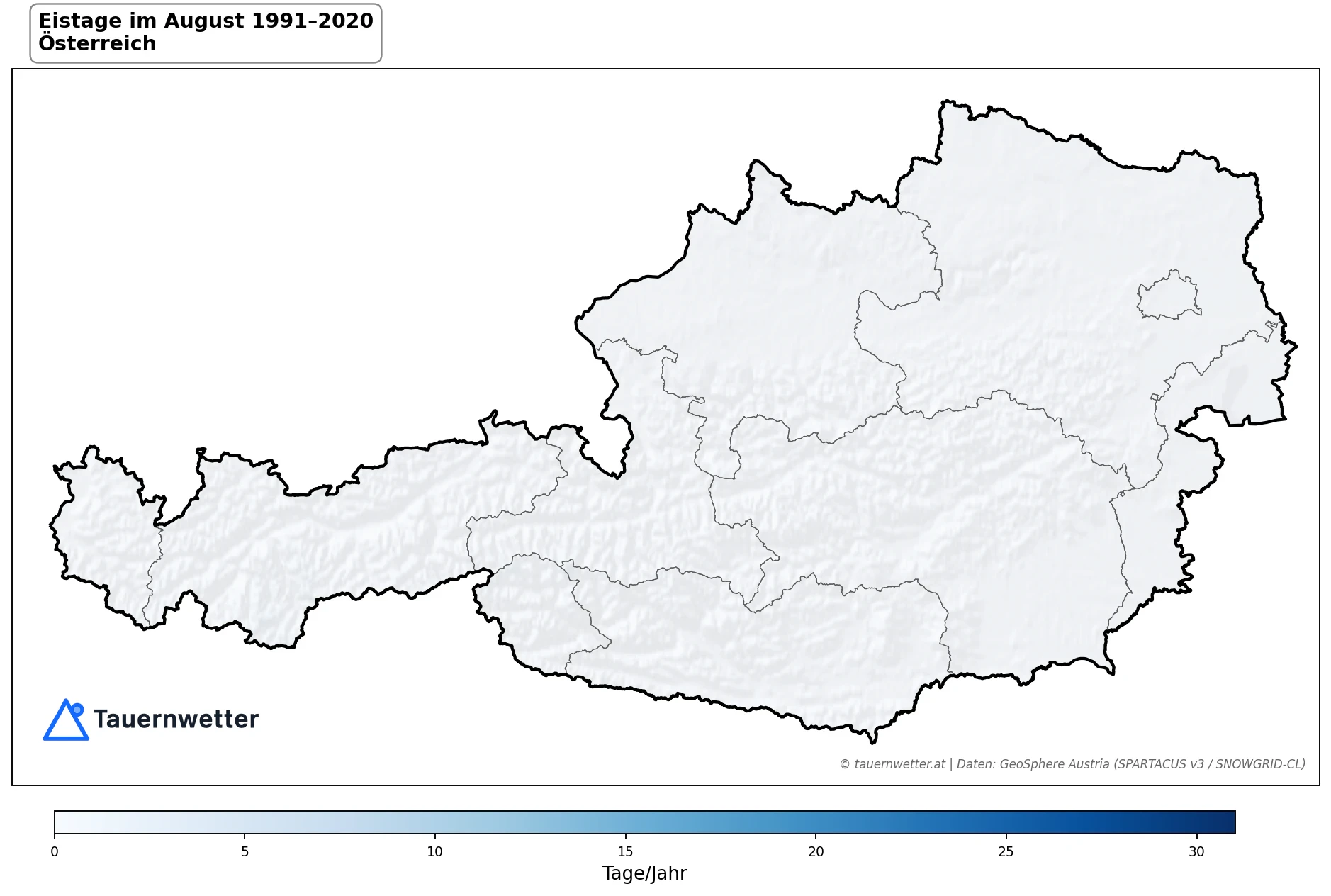 Klimakarte Eistage (Tmax < 0 °C), August 1991–2020 in Österreich