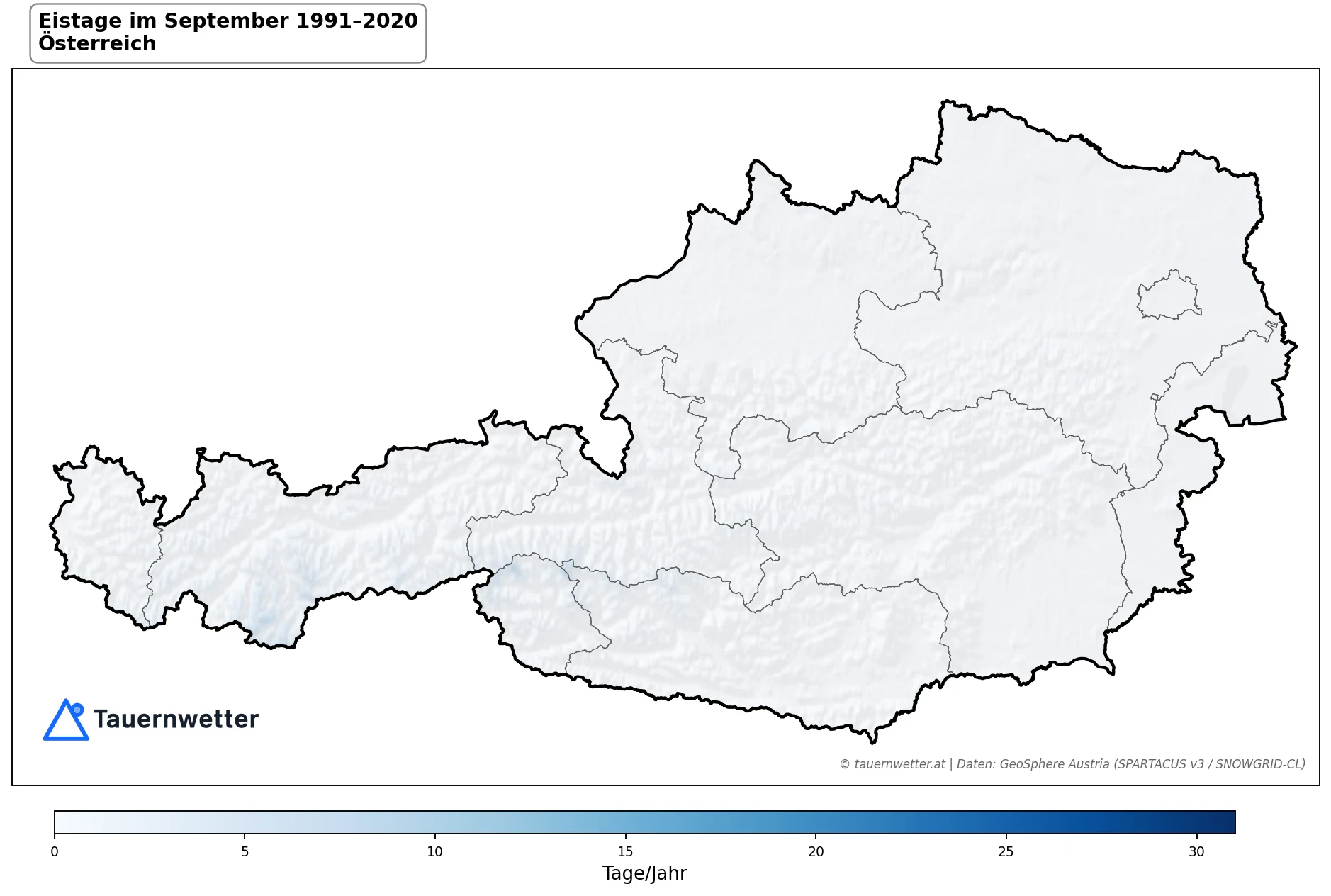 Klimakarte Eistage (Tmax < 0 °C), September 1991–2020 in Österreich
