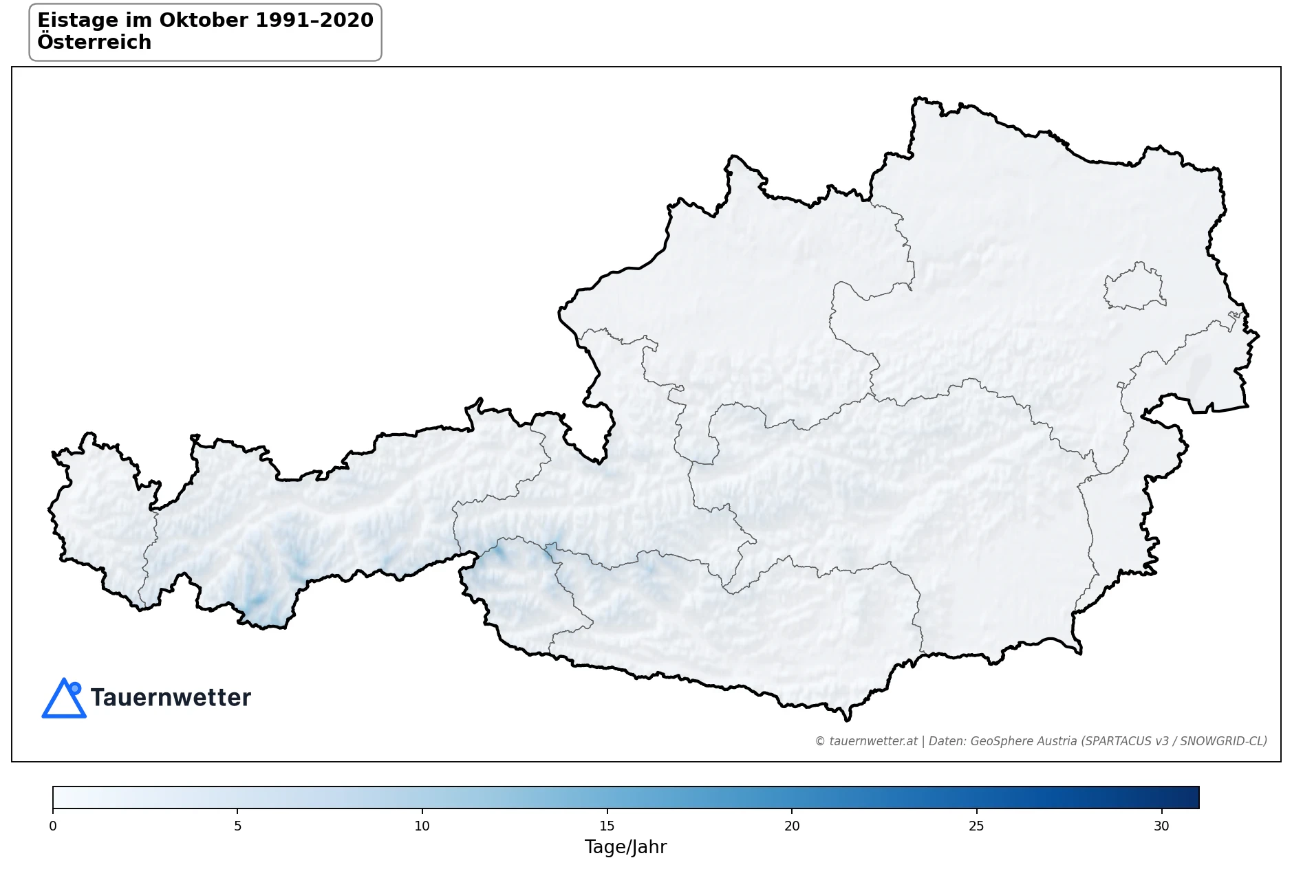 Klimakarte Eistage (Tmax < 0 °C), Oktober 1991–2020 in Österreich