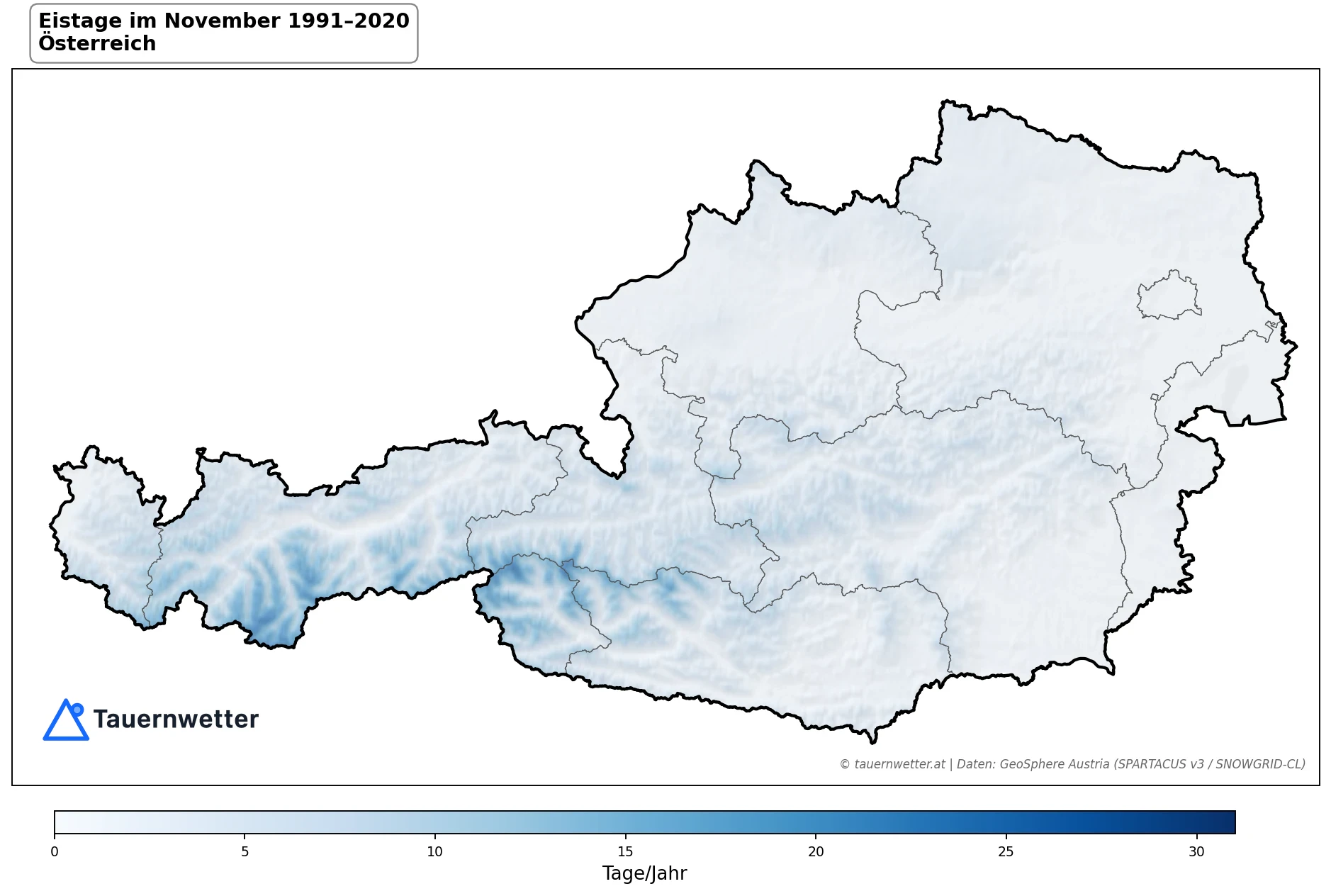 Klimakarte Eistage (Tmax < 0 °C), November 1991–2020 in Österreich