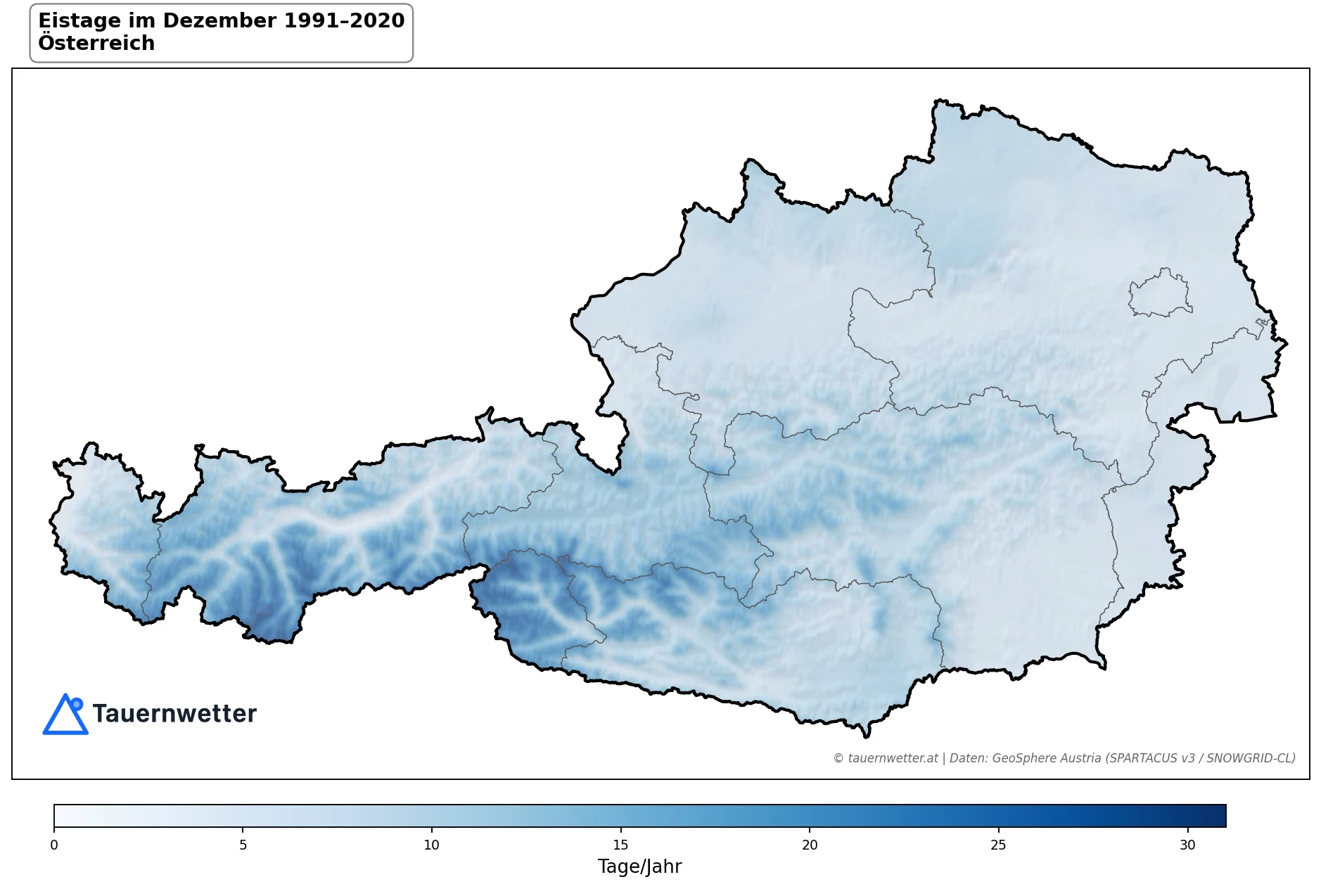 Klimakarte Eistage (Tmax < 0 °C), Dezember 1991–2020 in Österreich