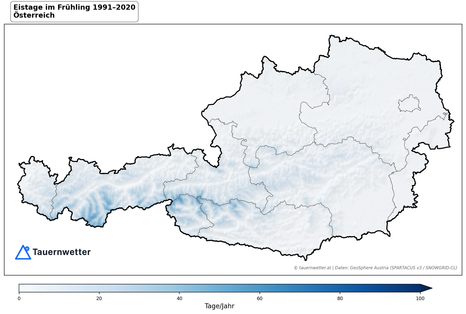 Klimakarte Eistage (Tmax < 0 °C), Frühling (MAM) 1991–2020 in Österreich