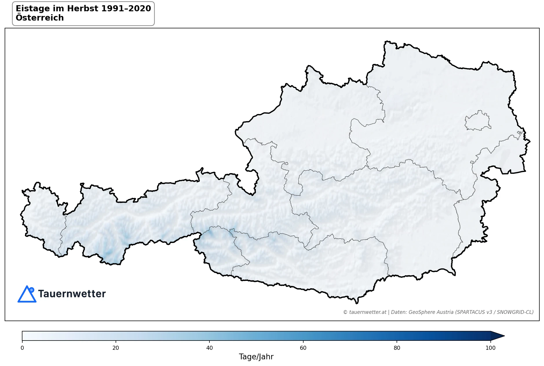 Klimakarte Eistage (Tmax < 0 °C), Herbst (SON) 1991–2020 in Österreich