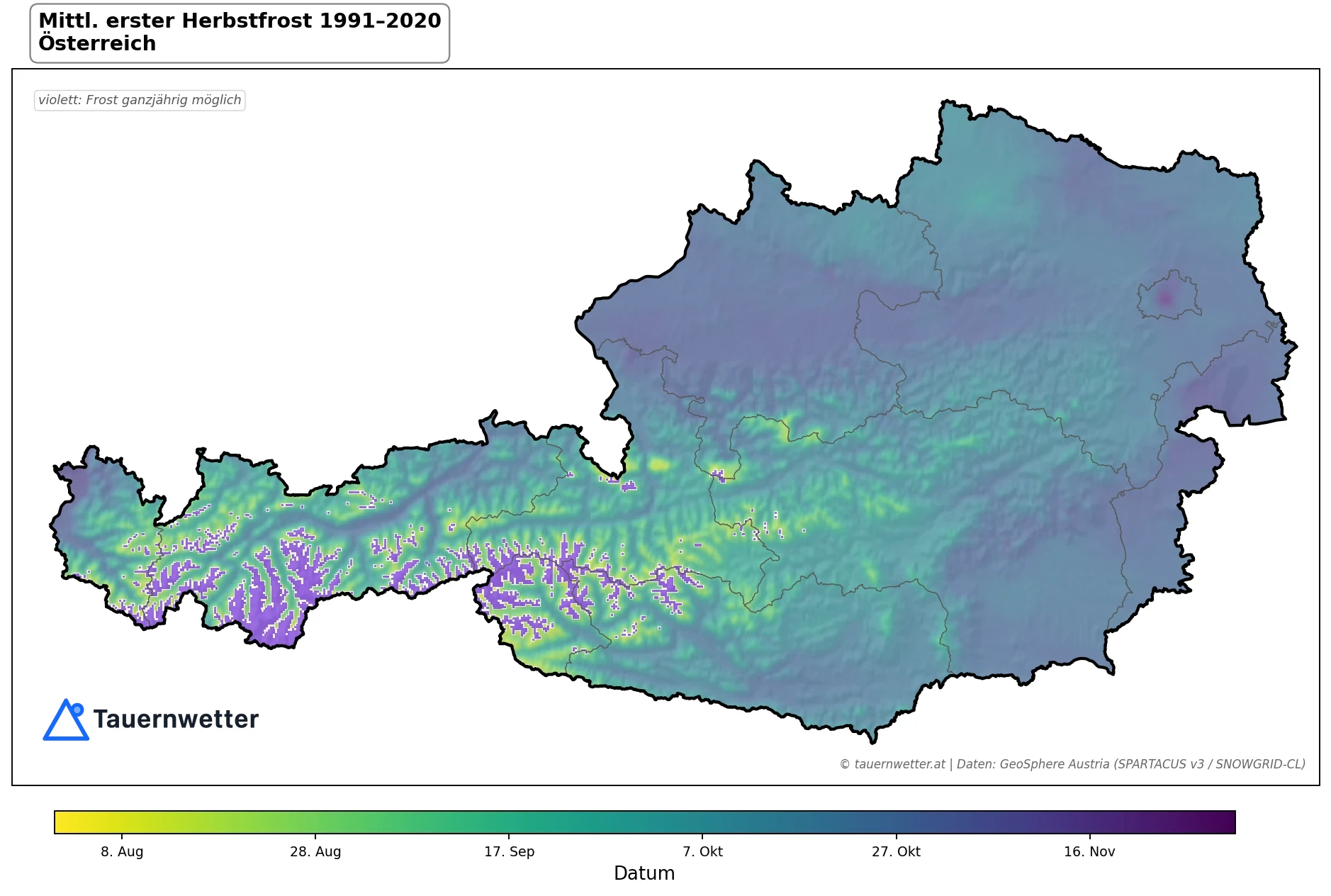 Klimakarte Erster Herbstfrost, Jahr 1991–2020 in Österreich