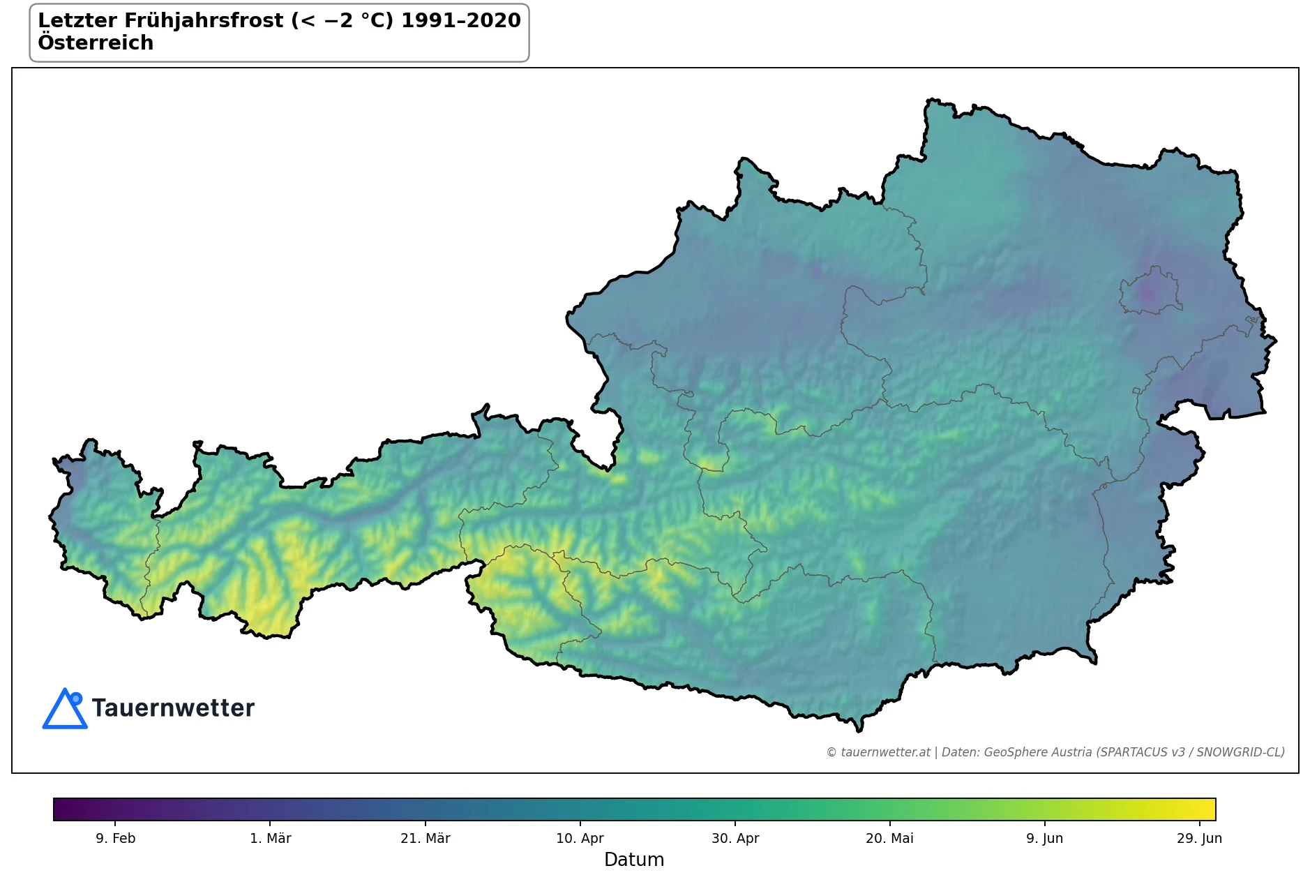 Klimakarte Letzter Frühjahrsfrost (< −2 °C), Jahr 1991–2020 in Österreich