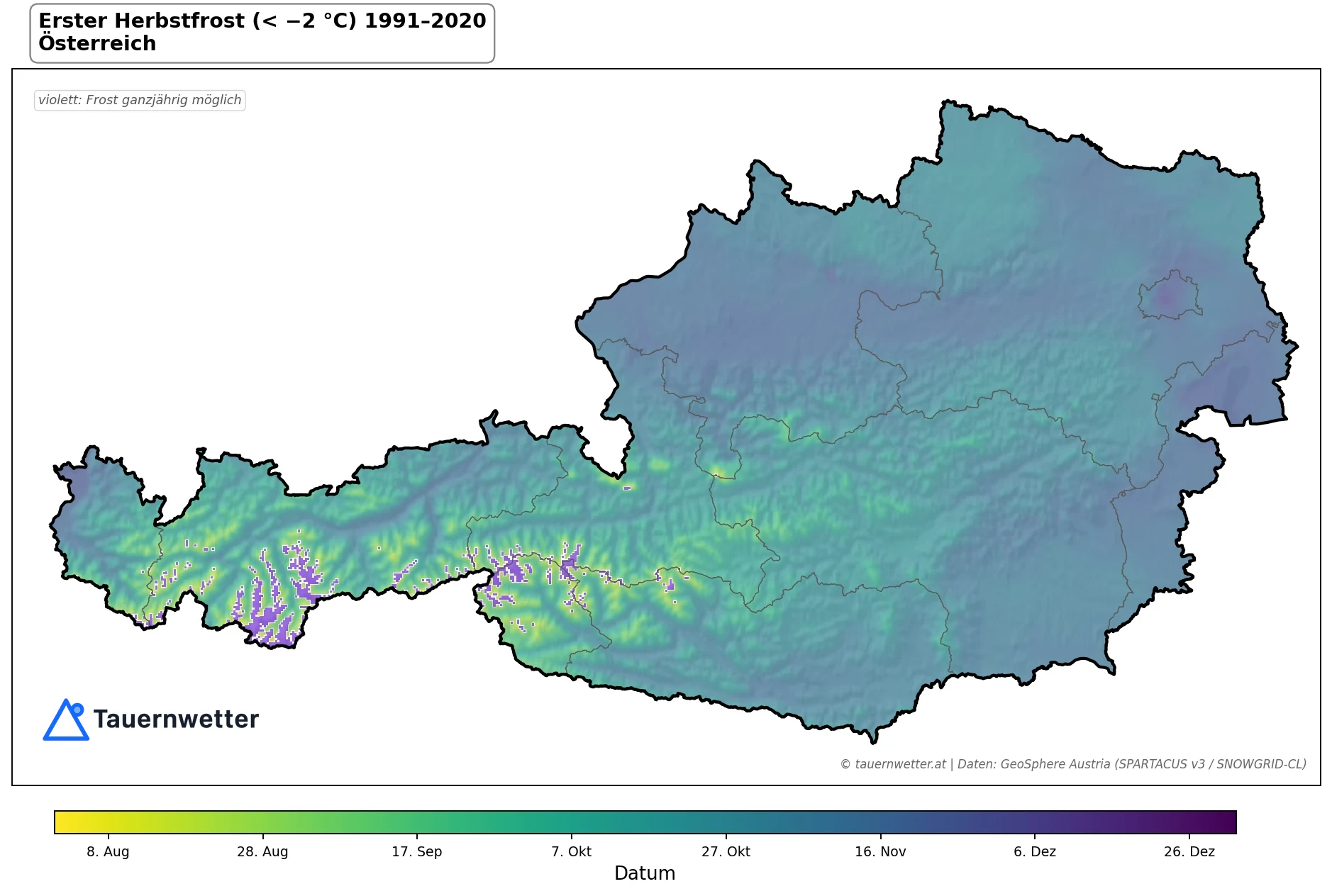 Klimakarte Erster Herbstfrost (< −2 °C), Jahr 1991–2020 in Österreich