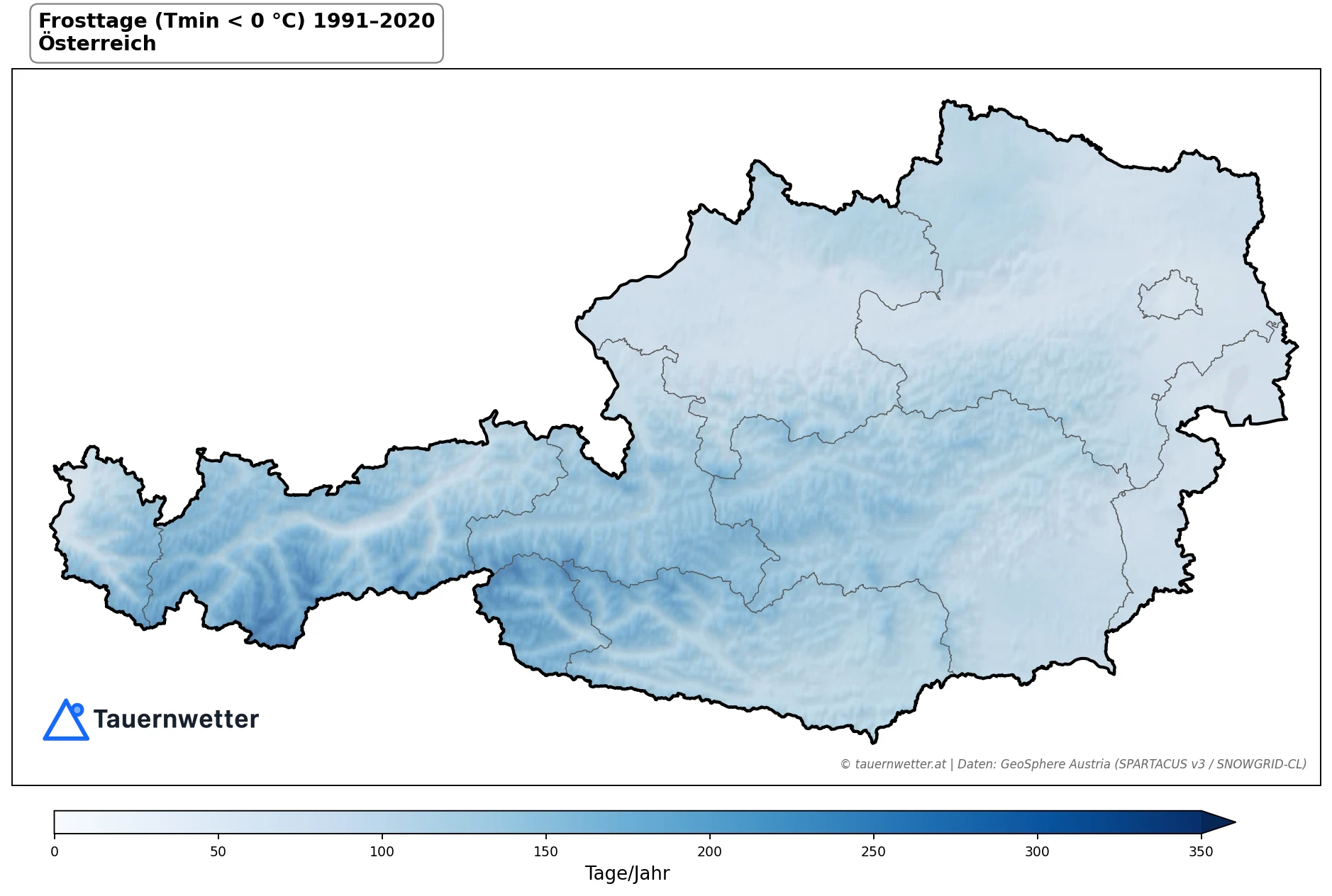Klimakarte Frosttage (Tmin < 0 °C), Jahr 1991–2020 in Österreich