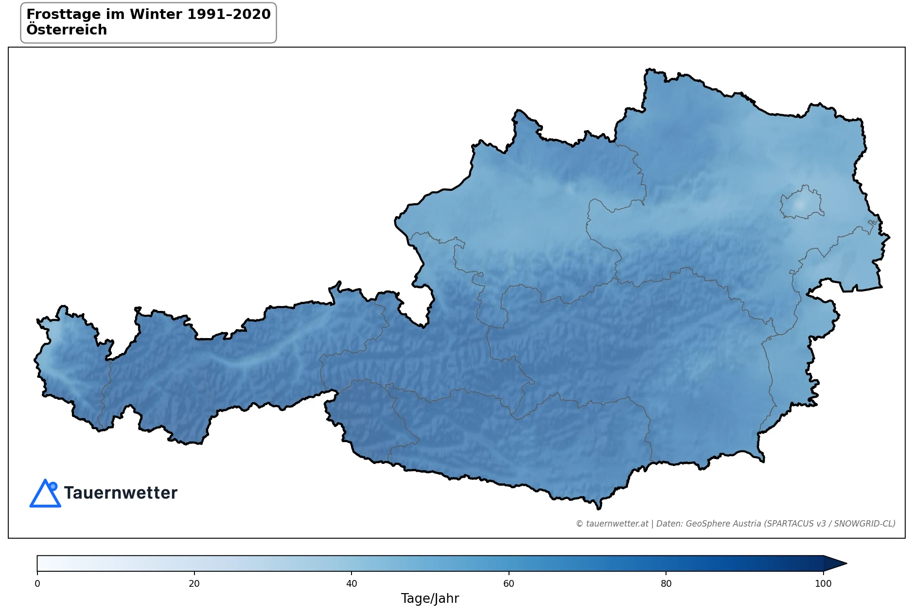 Klimakarte Frosttage (Tmin < 0 °C), Winter (DJF) 1991–2020 in Österreich