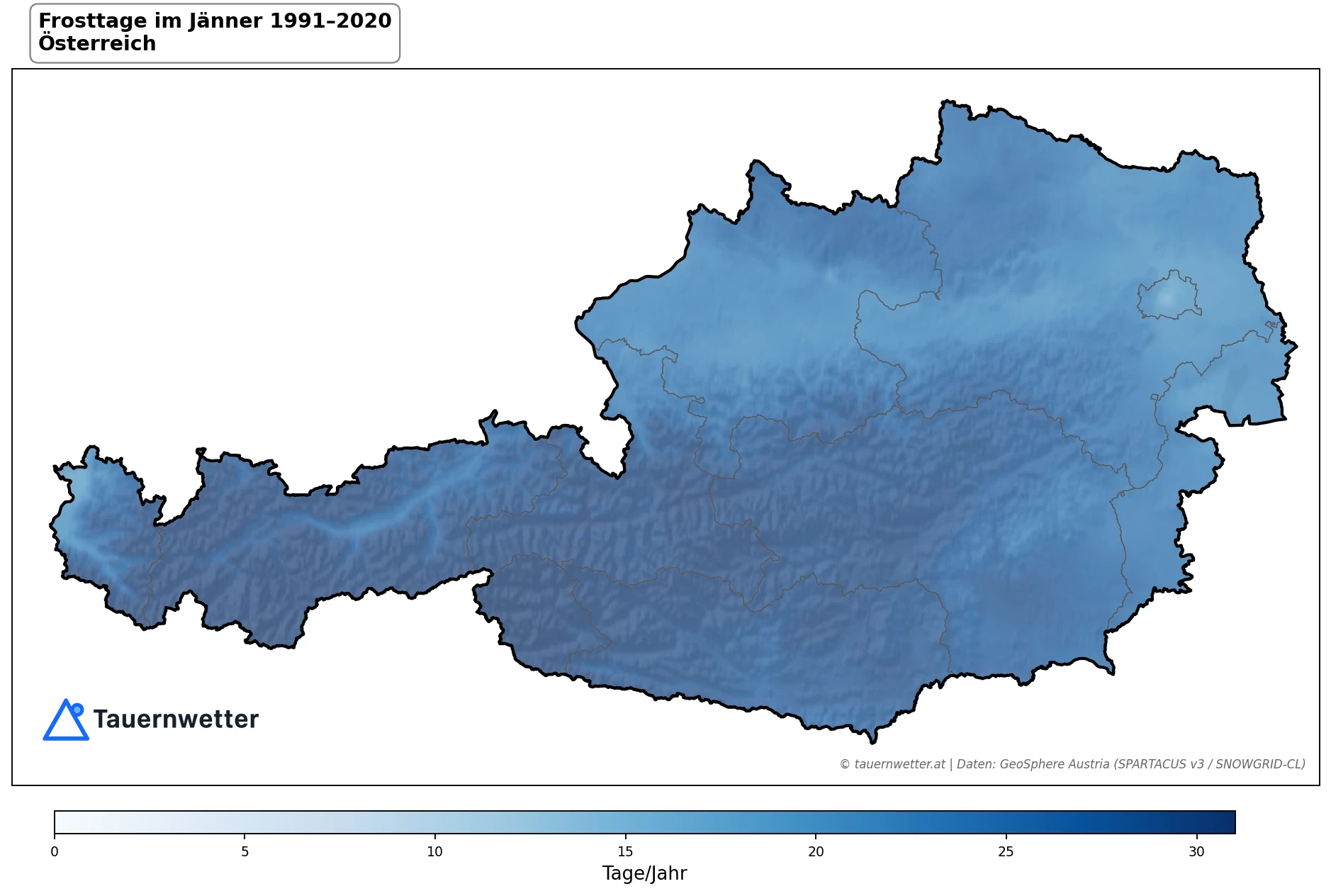 Klimakarte Frosttage (Tmin < 0 °C), Jänner 1991–2020 in Österreich