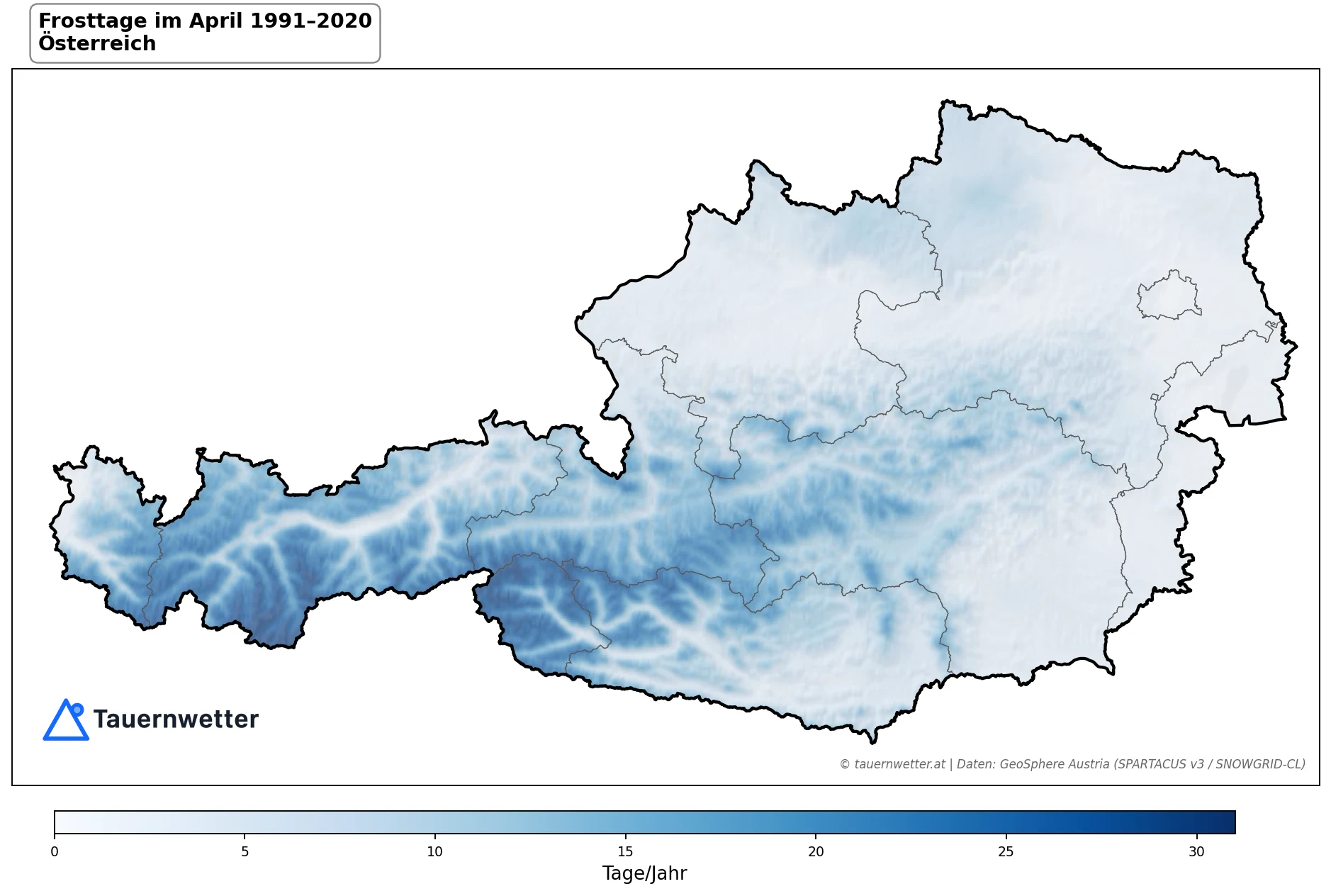 Klimakarte Frosttage (Tmin < 0 °C), April 1991–2020 in Österreich