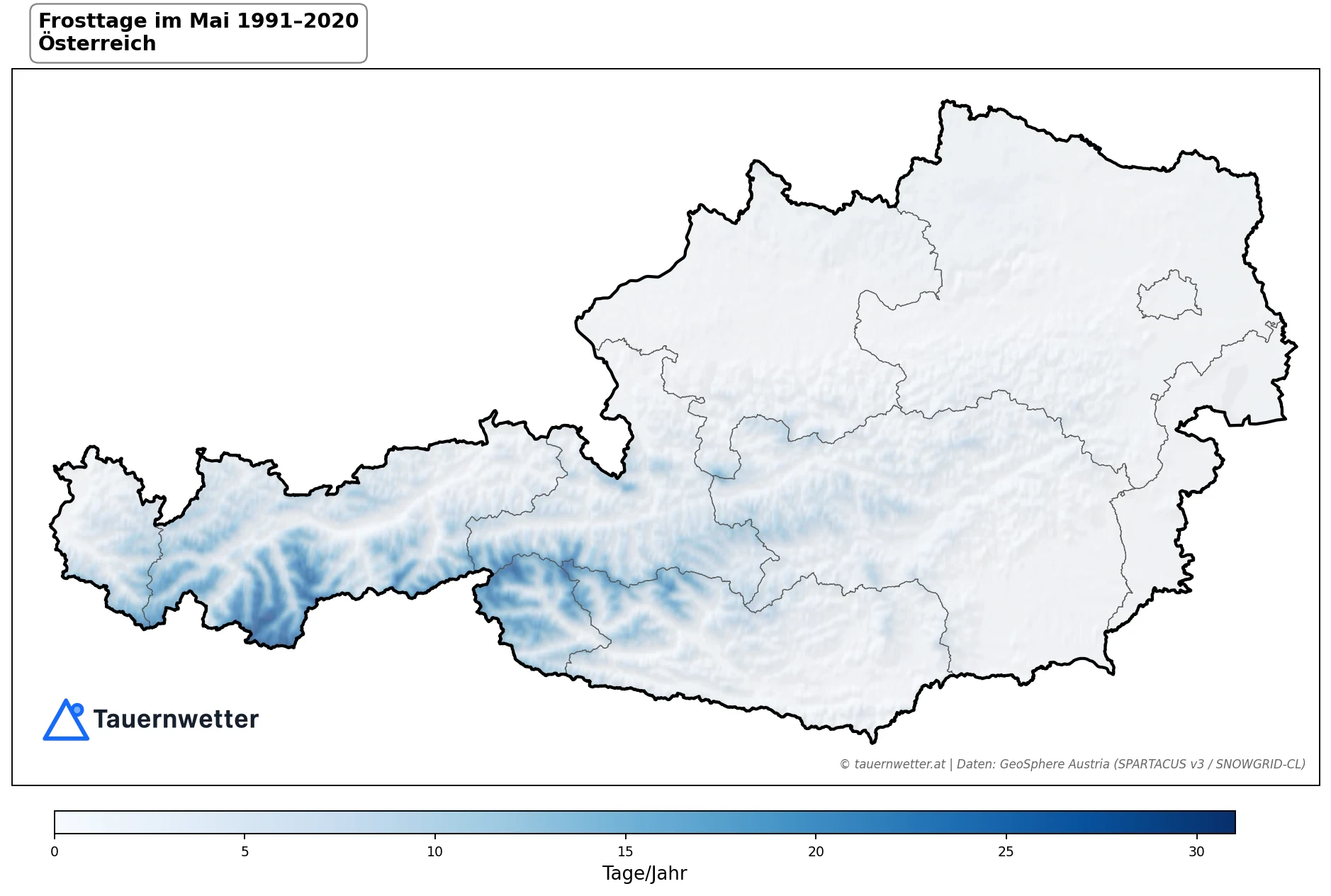 Klimakarte Frosttage (Tmin < 0 °C), Mai 1991–2020 in Österreich