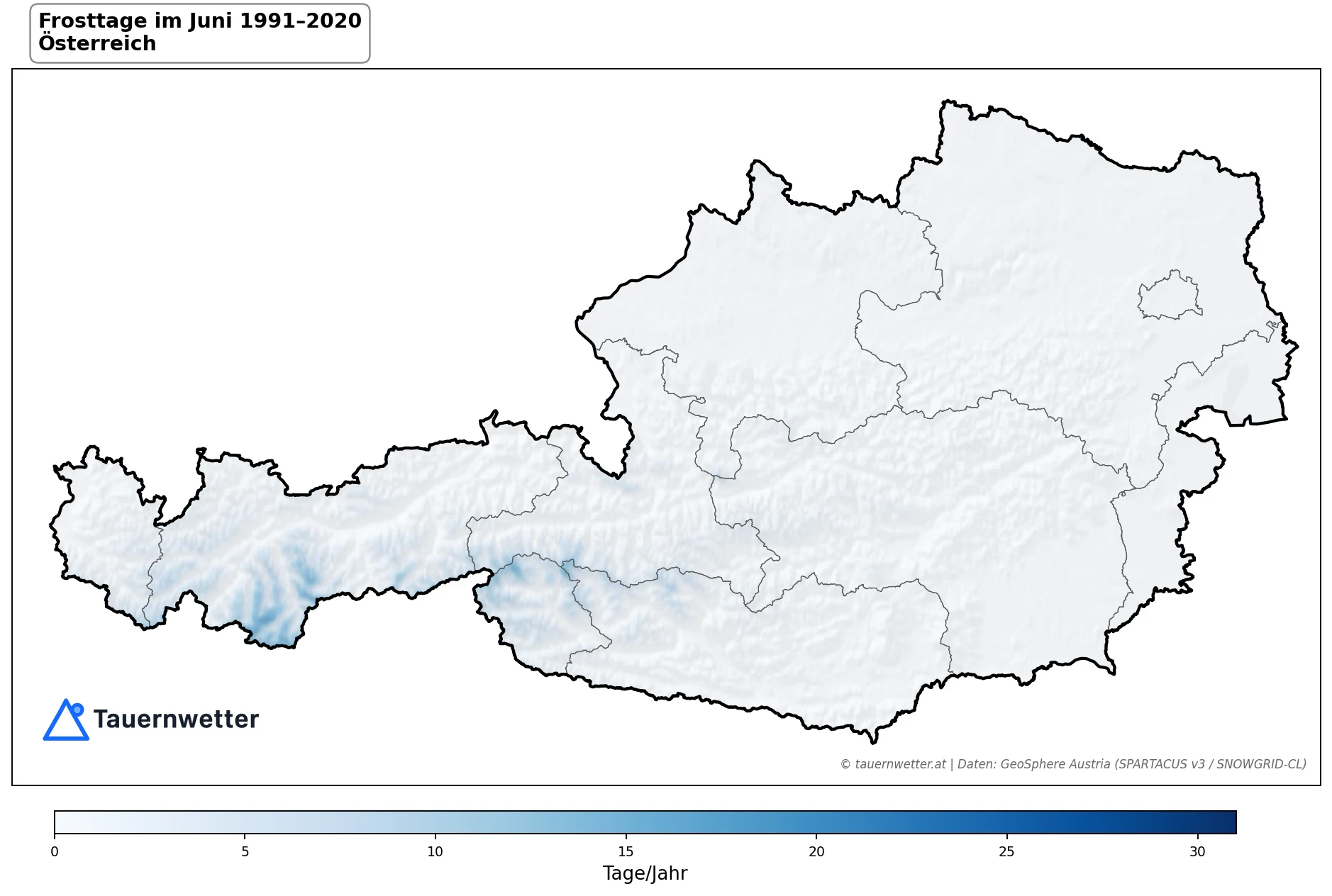 Klimakarte Frosttage (Tmin < 0 °C), Juni 1991–2020 in Österreich