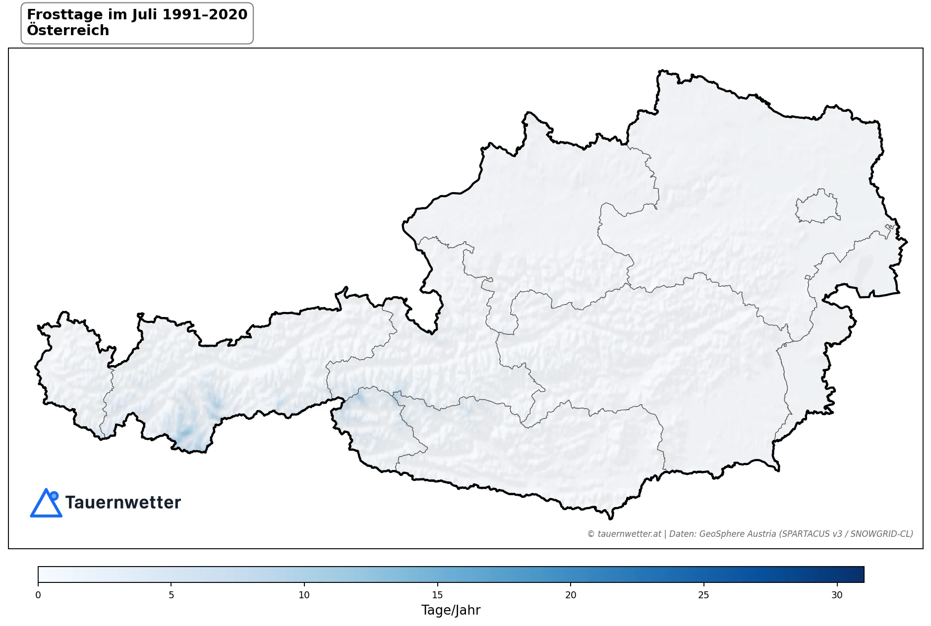 Klimakarte Frosttage (Tmin < 0 °C), Juli 1991–2020 in Österreich