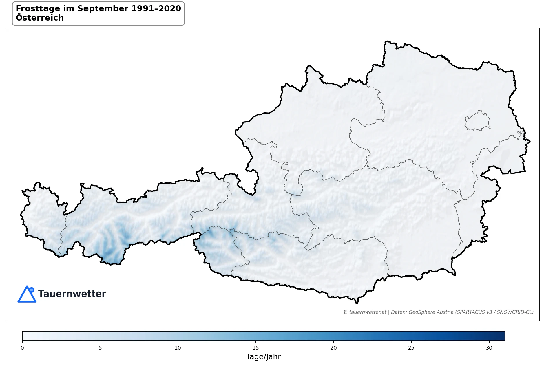 Klimakarte Frosttage (Tmin < 0 °C), September 1991–2020 in Österreich