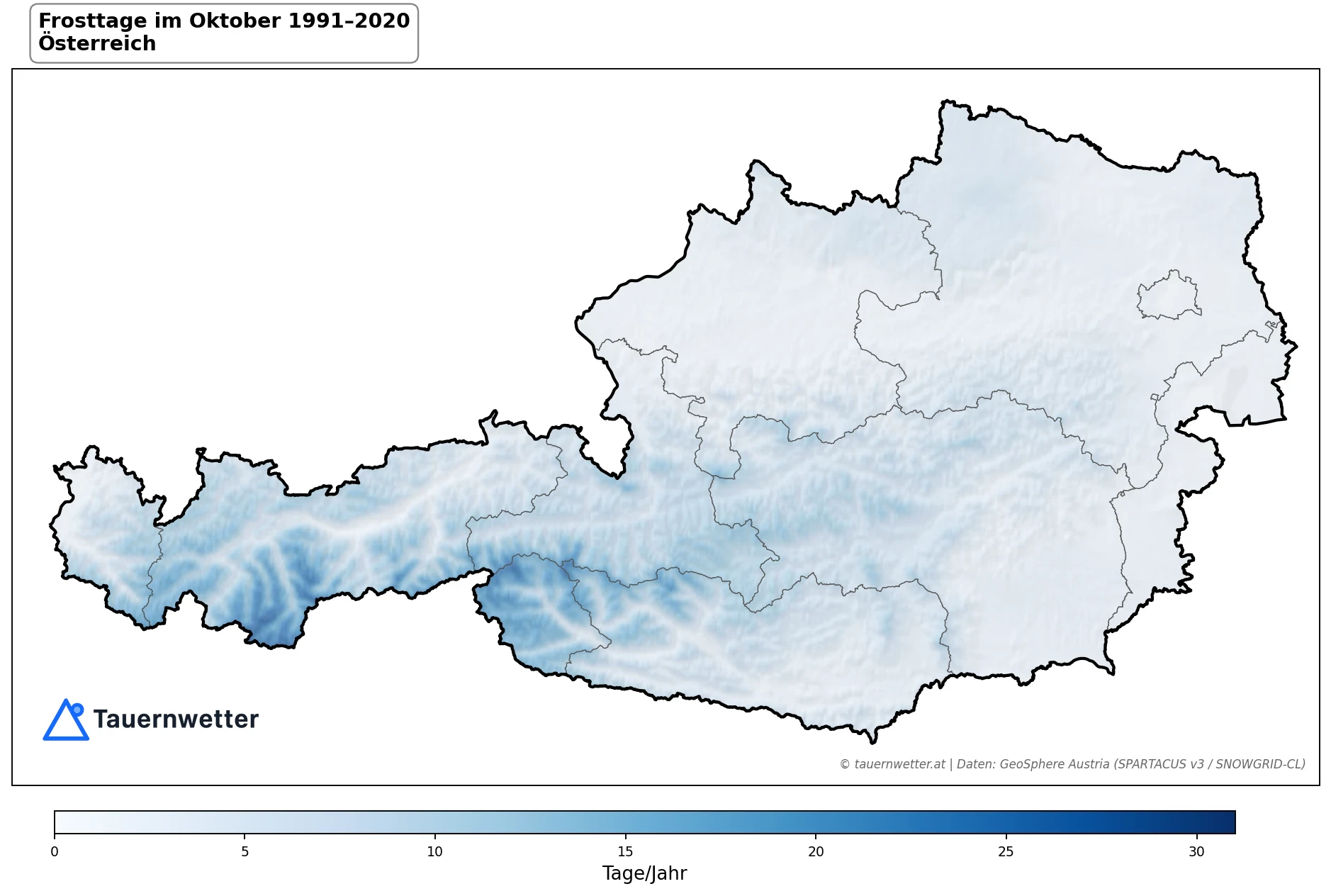 Klimakarte Frosttage (Tmin < 0 °C), Oktober 1991–2020 in Österreich