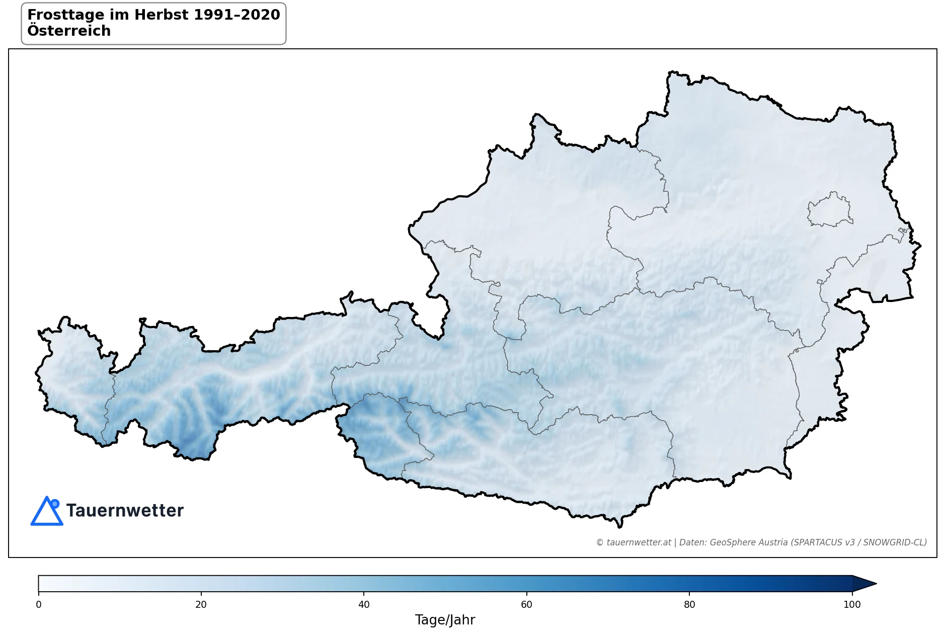 Klimakarte Frosttage (Tmin < 0 °C), Herbst (SON) 1991–2020 in Österreich