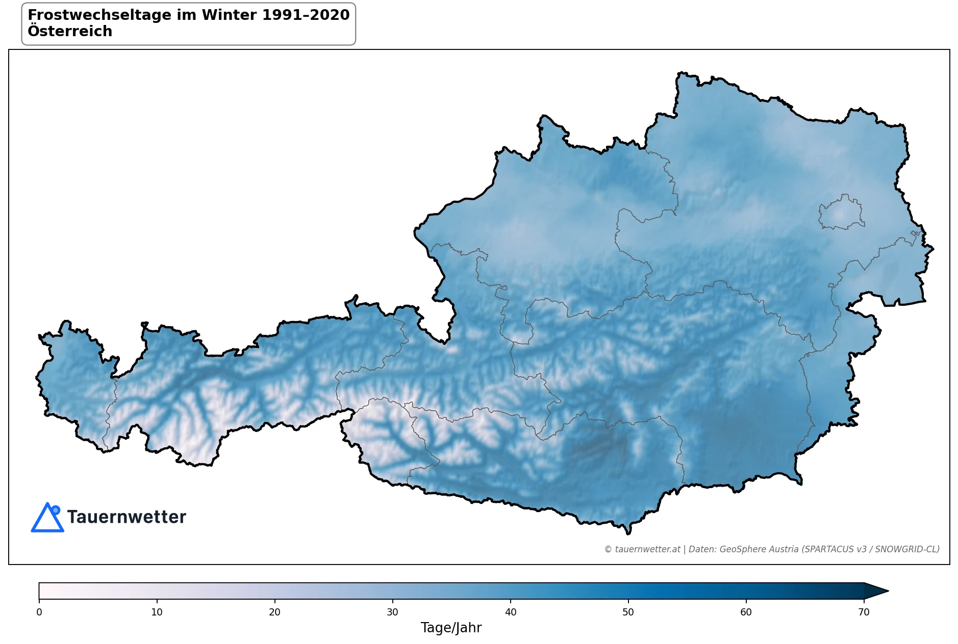 Klimakarte Frostwechseltage, Winter (DJF) 1991–2020 in Österreich