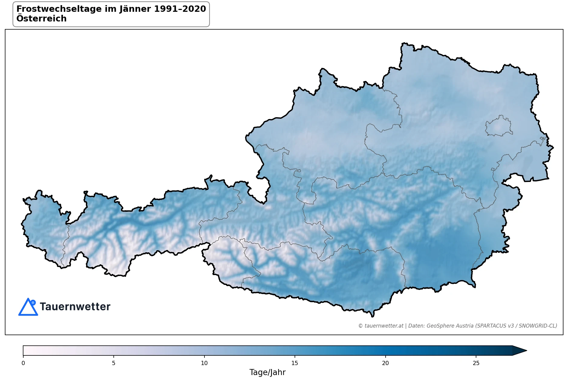 Klimakarte Frostwechseltage, Jänner 1991–2020 in Österreich
