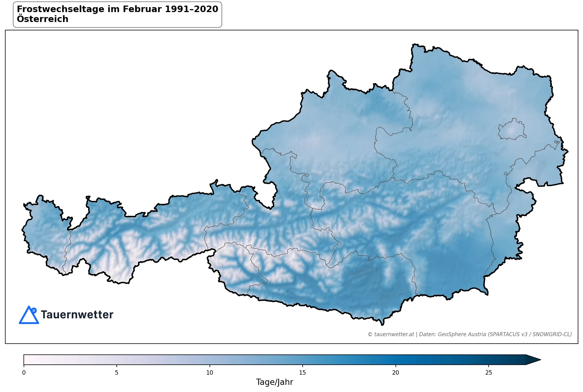 Klimakarte Frostwechseltage, Februar 1991–2020 in Österreich