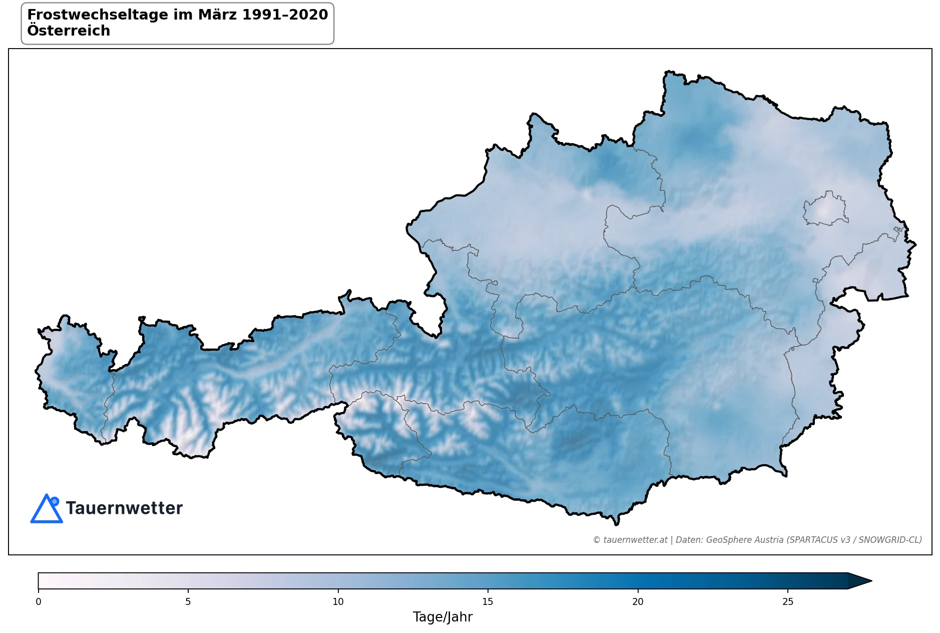 Klimakarte Frostwechseltage, März 1991–2020 in Österreich