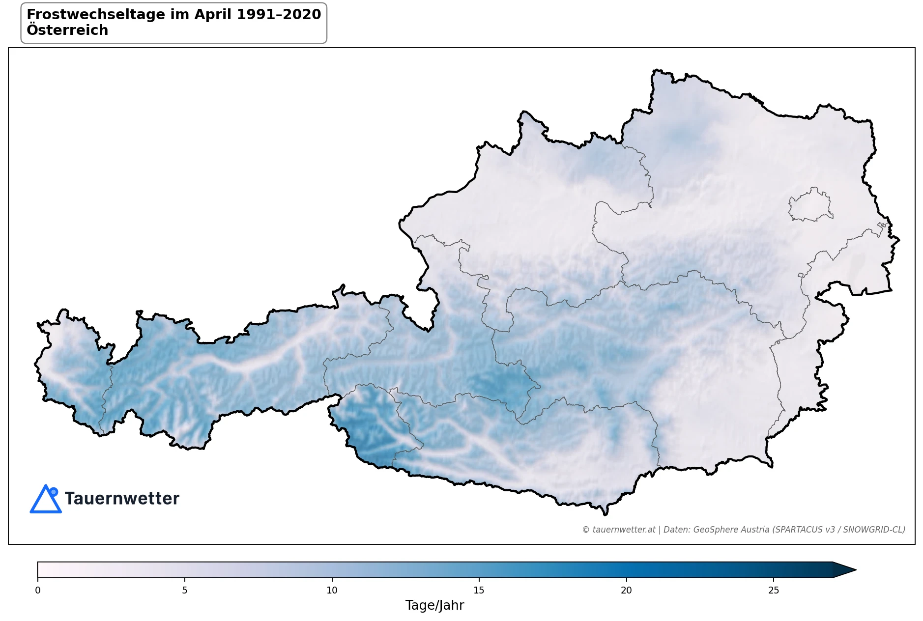 Klimakarte Frostwechseltage, April 1991–2020 in Österreich