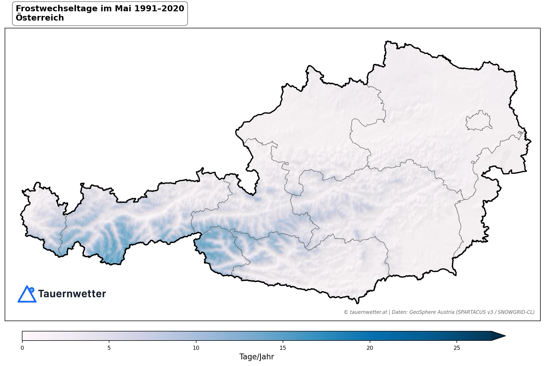 Klimakarte Frostwechseltage, Mai 1991–2020 in Österreich