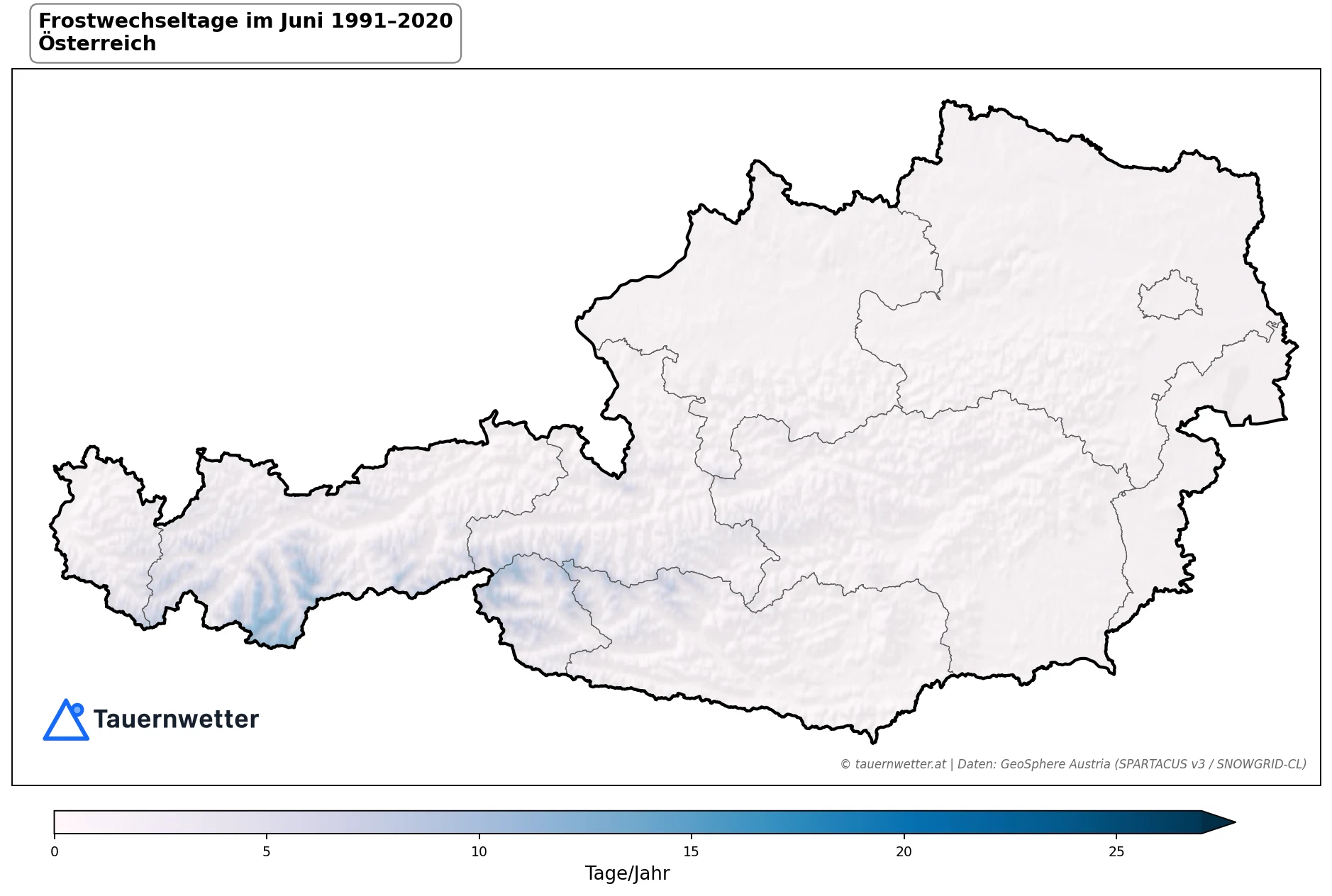 Klimakarte Frostwechseltage, Juni 1991–2020 in Österreich