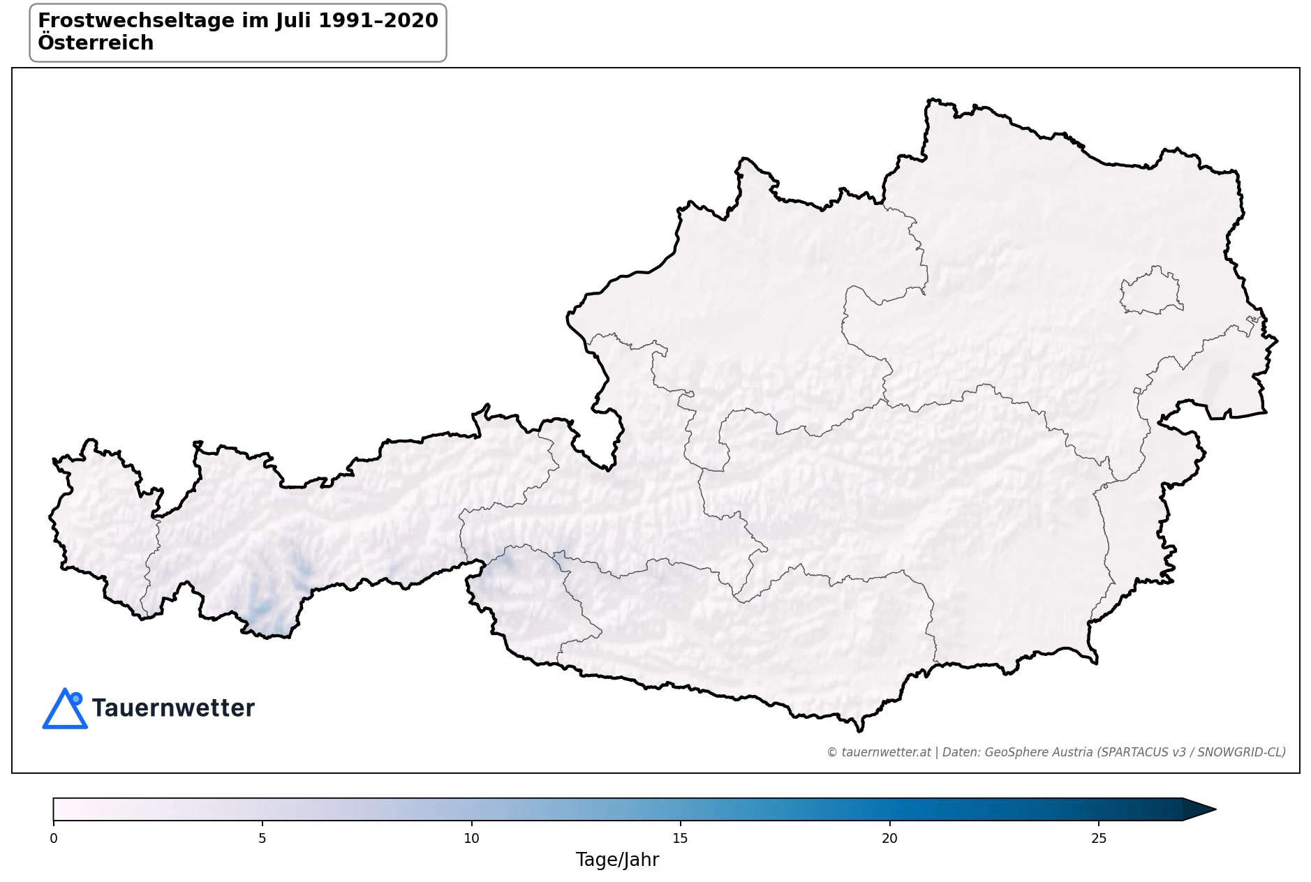 Klimakarte Frostwechseltage, Juli 1991–2020 in Österreich