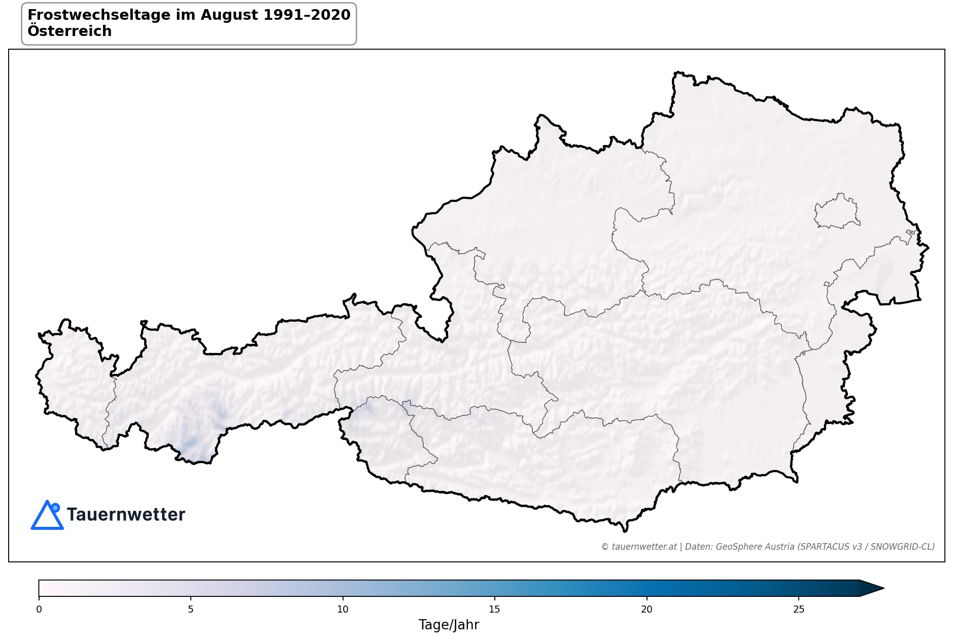 Klimakarte Frostwechseltage, August 1991–2020 in Österreich