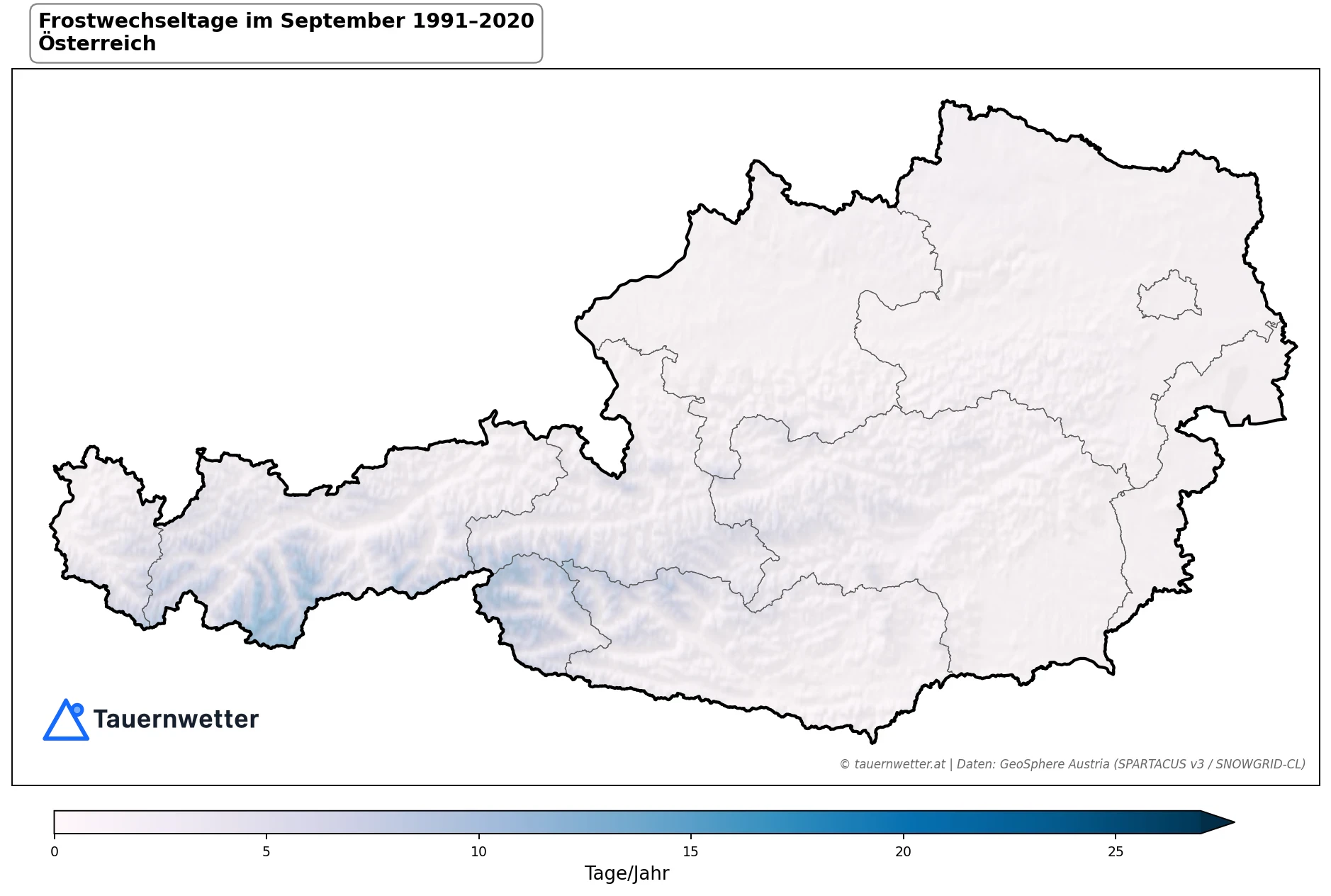 Klimakarte Frostwechseltage, September 1991–2020 in Österreich