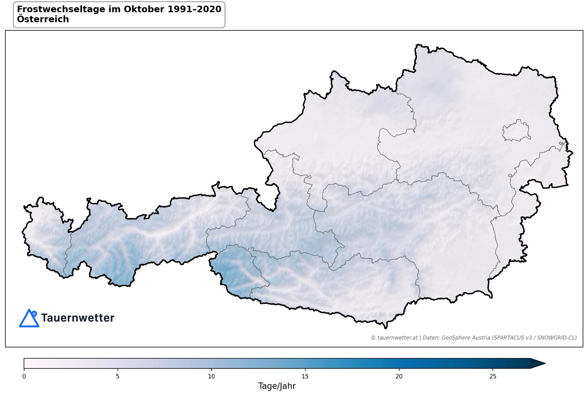 Klimakarte Frostwechseltage, Oktober 1991–2020 in Österreich