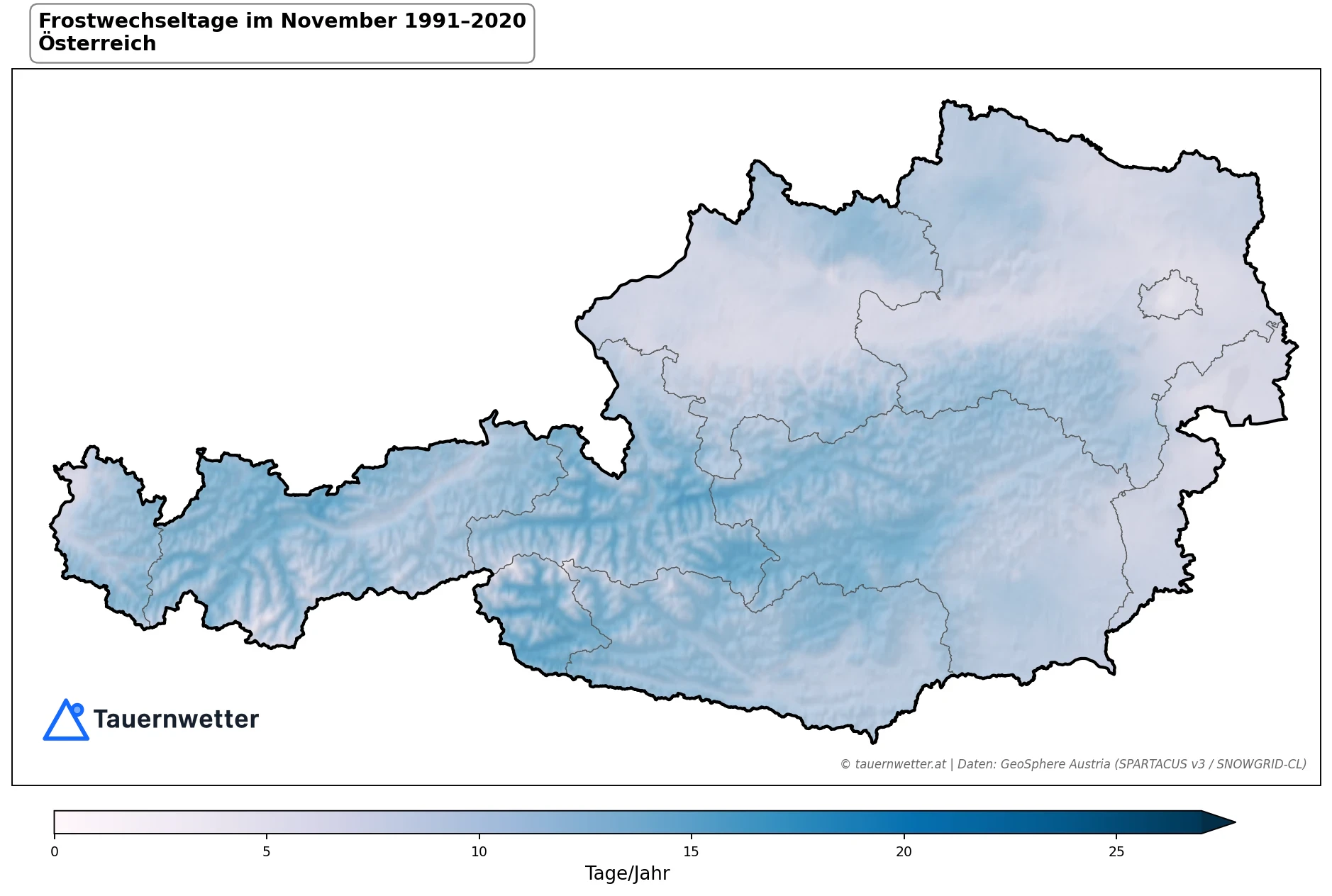 Klimakarte Frostwechseltage, November 1991–2020 in Österreich