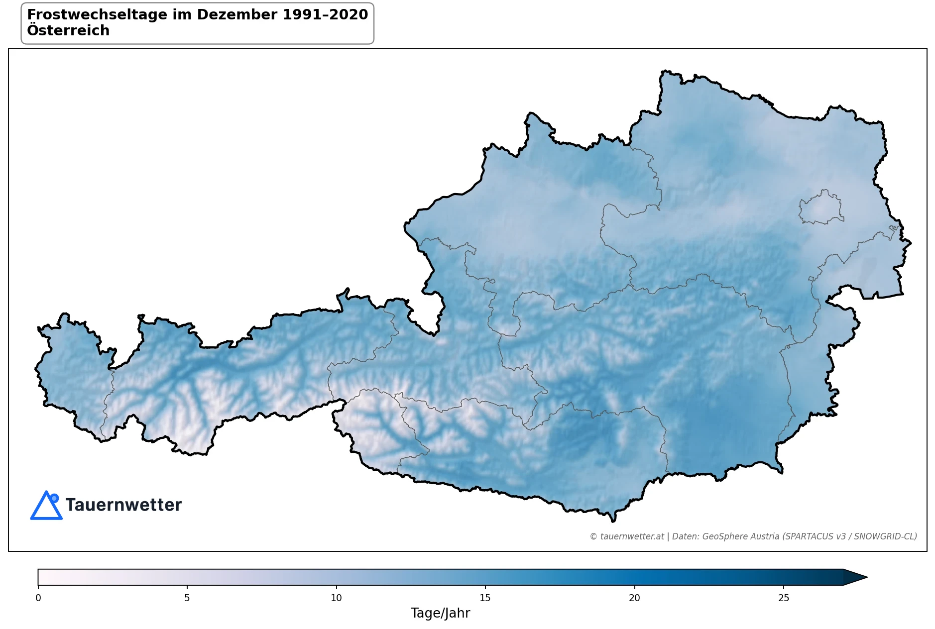 Klimakarte Frostwechseltage, Dezember 1991–2020 in Österreich