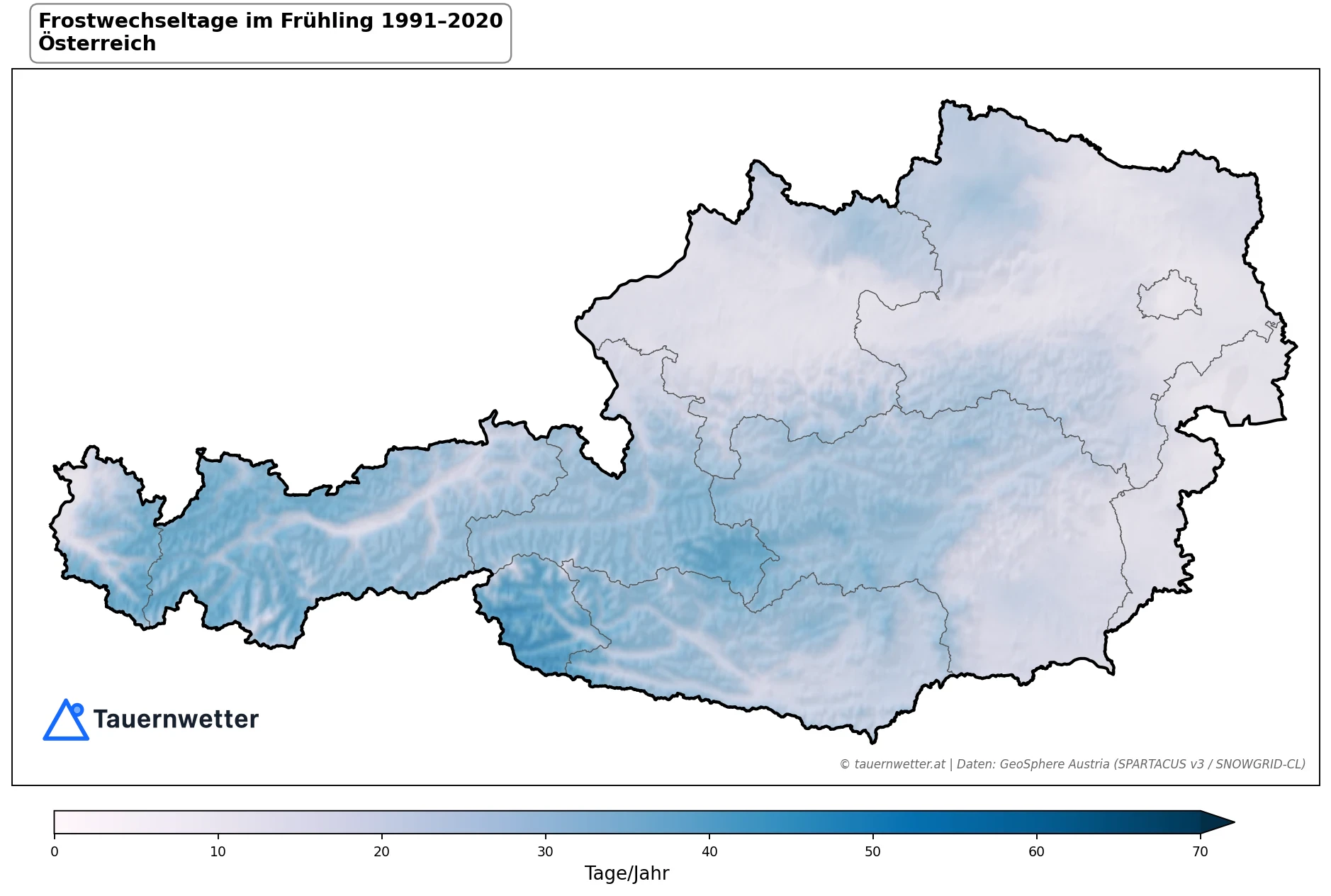 Klimakarte Frostwechseltage, Frühling (MAM) 1991–2020 in Österreich