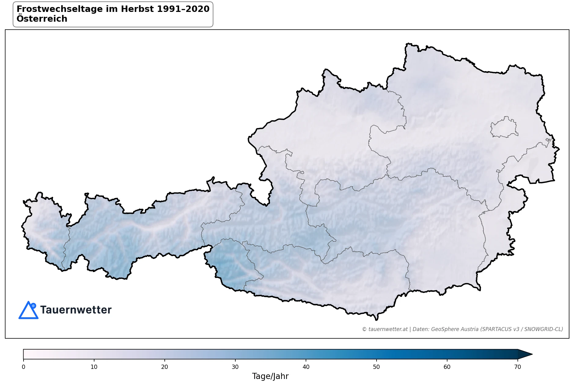 Klimakarte Frostwechseltage, Herbst (SON) 1991–2020 in Österreich