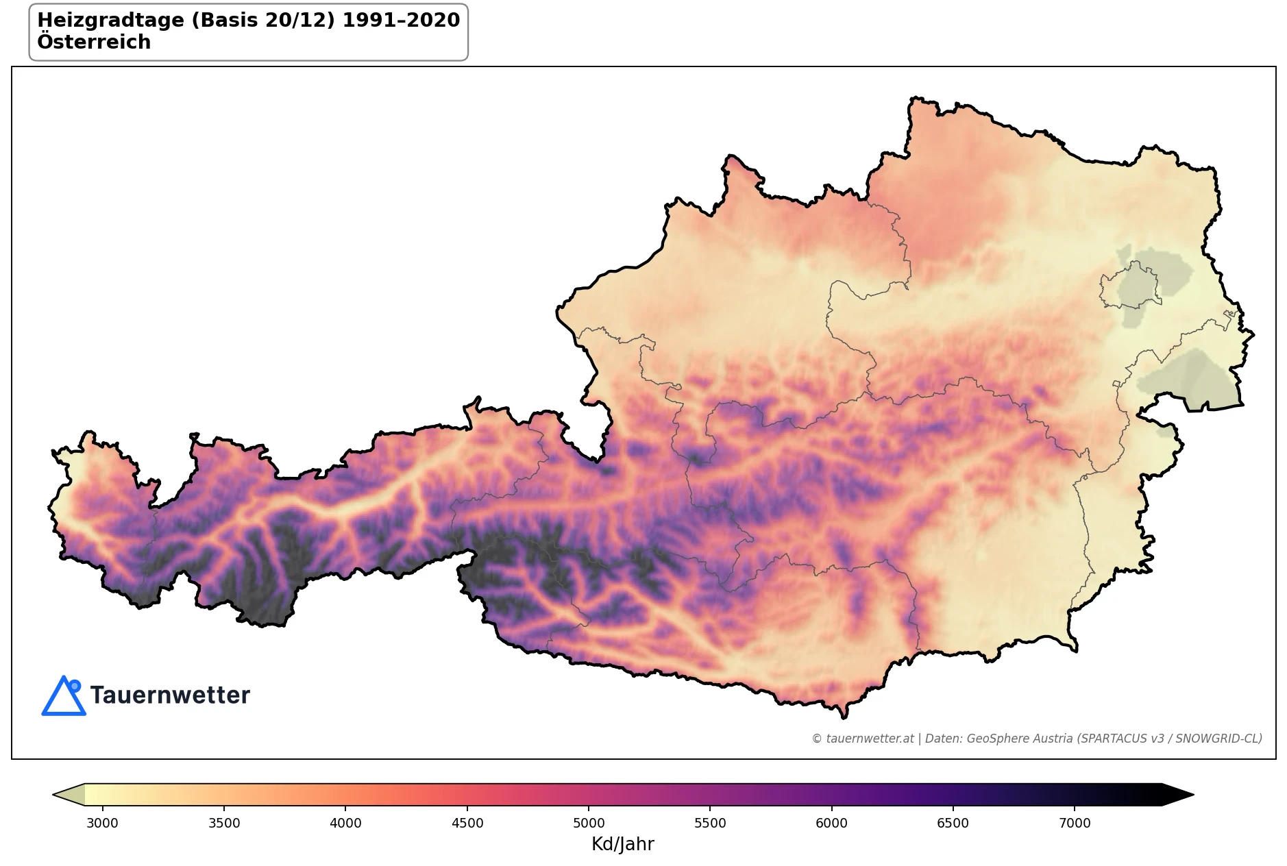 Klimakarte Heizgradtage (Basis 20/12), Jahr 1991–2020 in Österreich