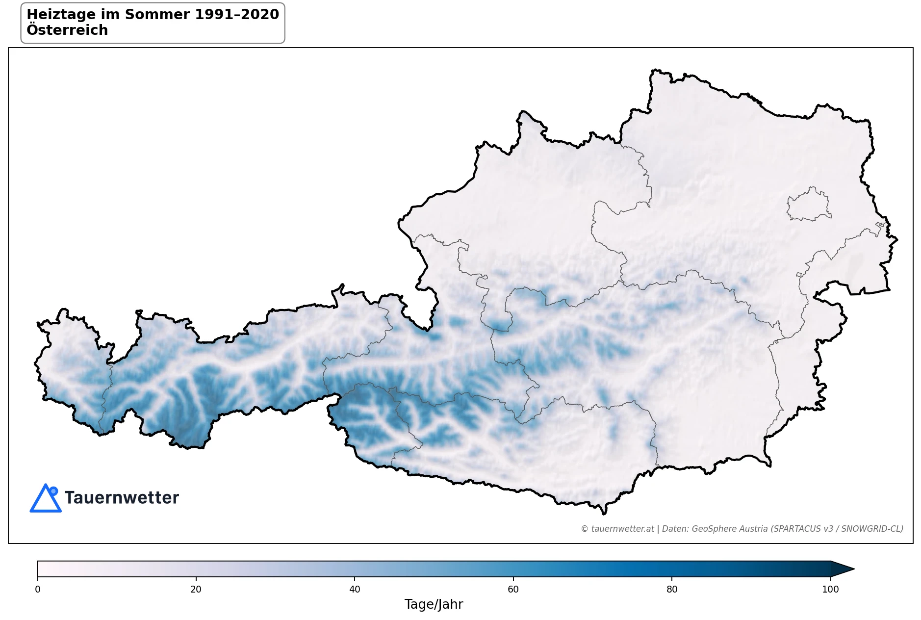 Klimakarte Heiztage (Tmittel < 12 °C), Sommer (JJA) 1991–2020 in Österreich