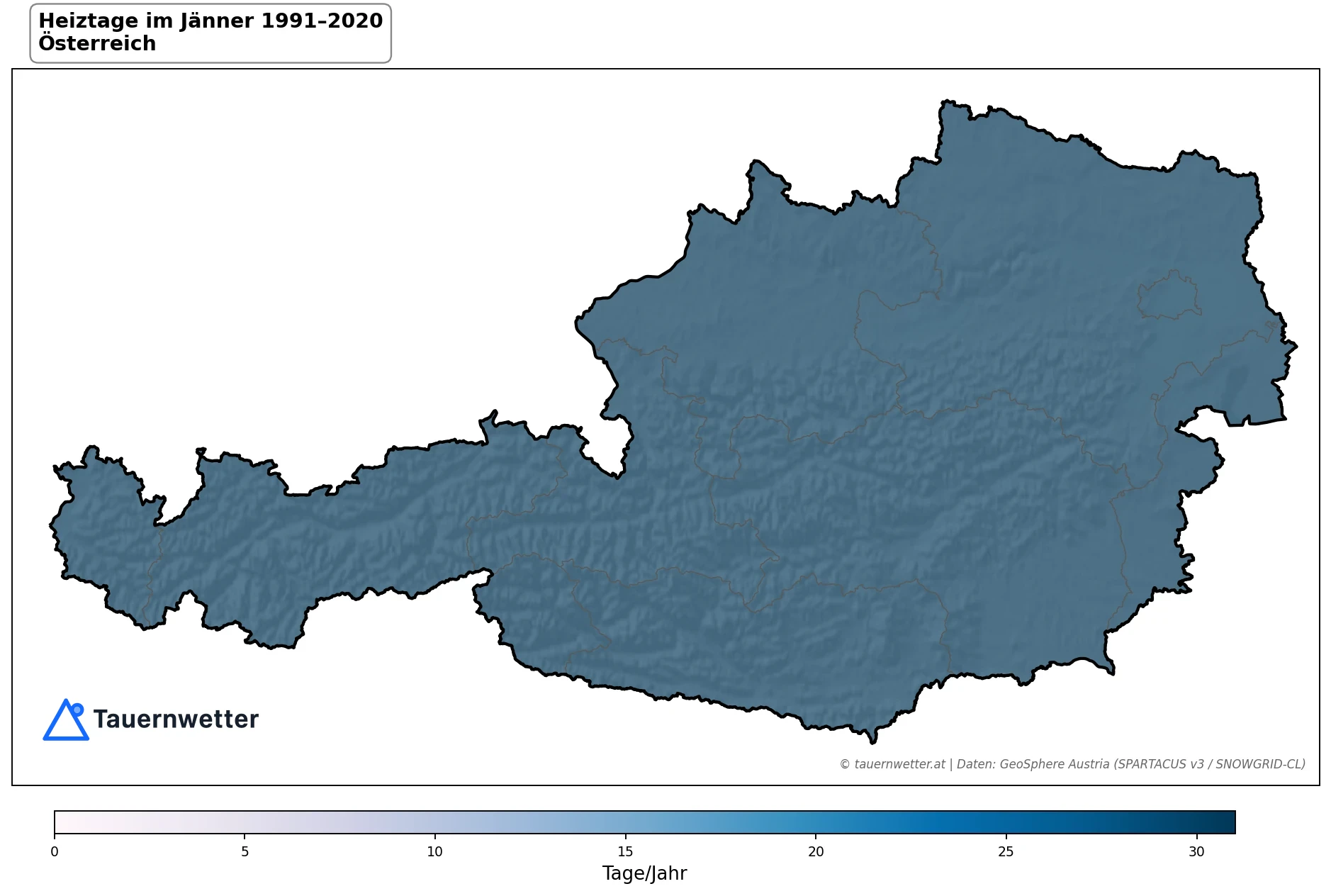 Klimakarte Heiztage (Tmittel < 12 °C), Jänner 1991–2020 in Österreich